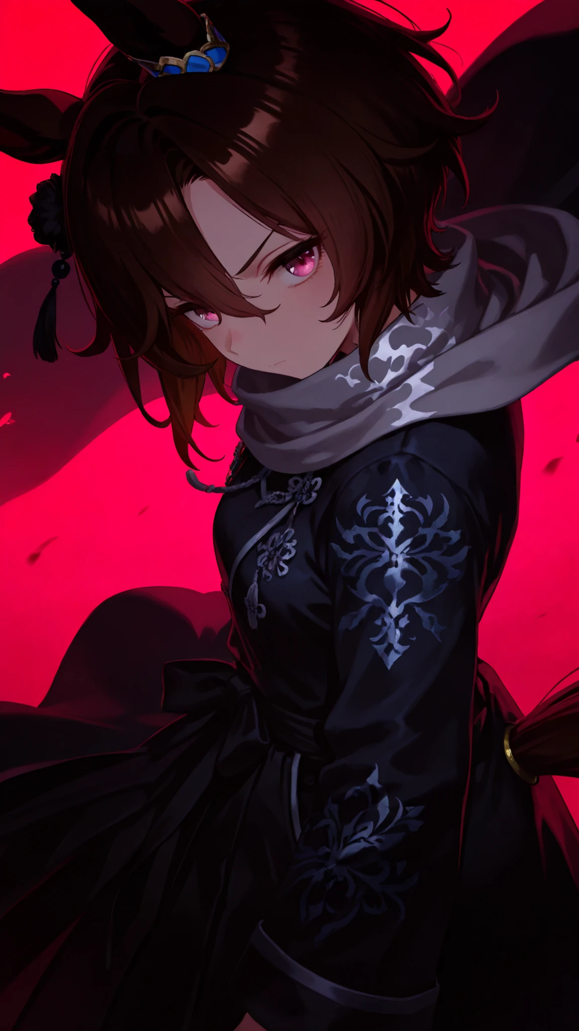 atnr,Narita Taishin, YiSangHeishou, Umamusume, Horse girl, petite frame, small , short brown hair, horse ears, horse tail, ear ornament,748cmstyle,(looking at viewer, side shot:0.72), warrior, (face shot:1.1), (1girl:0.665), solo, masterpiece, best quality, amazing quality, very aesthetic, high resolution, ultra-detailed, thick hair, ruffled hair, (two tone hair:1.4), dynamic pose, gradient hair, theatrical, backlighting, (chinese clothes:1.3), black kimono, black hakama, black bandages, loose clothes, royal guard, cape,  short hair, grey print scarf, black robe