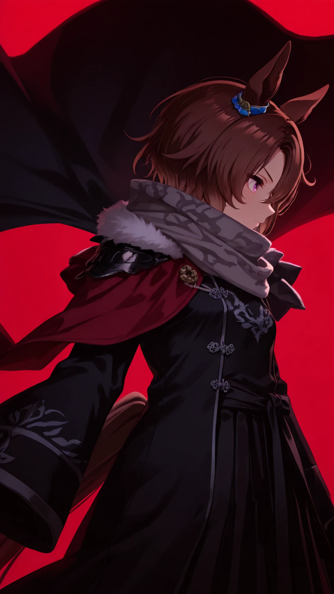 atnr,Narita Taishin, YiSangHeishou, Umamusume, Horse girl, petite frame, small , short brown hair, horse ears, horse tail, ear ornament,748cmstyle,(looking at viewer, side shot:0.72), warrior, (face shot:1.1), (1girl:0.665), solo, masterpiece, best quality, amazing quality, very aesthetic, high resolution, ultra-detailed, thick hair, ruffled hair, (two tone hair:1.4), dynamic pose, gradient hair, theatrical, backlighting, (chinese clothes:1.3), black kimono, black hakama, black bandages, loose clothes, royal guard, cape,  short hair, grey print scarf, black robe