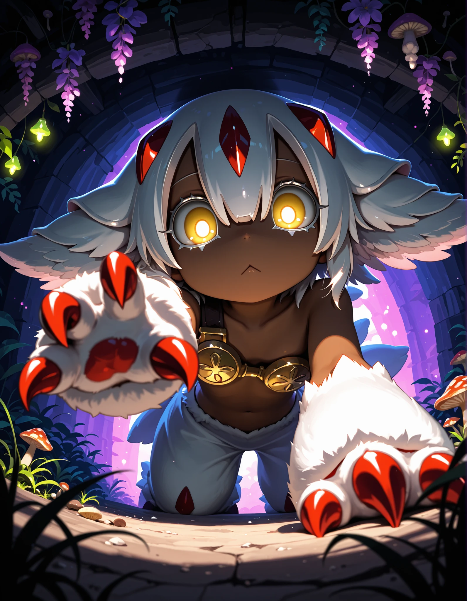 solo, (faputa), gradient_fur white to gold, looking down at viewer, under surface view, low-angle view, reaching towards viewer, glowing eyes, claws, empty eyes,:<, BREAK, masterpiece, best quality, made in abyss, restricted palette, pixel \(artwork\), detailed background, depth of field, shadow, magenta light, cyan light, dark night,  ((caverna de cristal)), runis, plant,  mushroom cristal, flower, ambient firefly