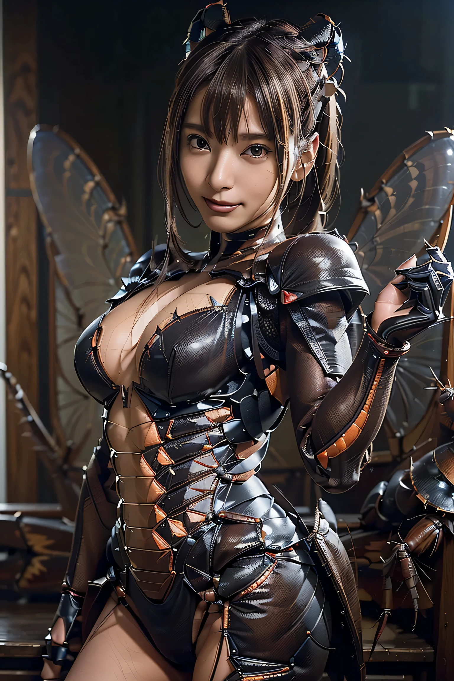 (high resolution,masterpiece,best quality,extremely detailed CG, anime, official art:1.4), realistic, photo, amazing fine details, all intricate, gloss and shiny,awesome many layers, 8k wall paper, 3d, sketch, kawaii, illustration,( solo:1.4), perfect female proportion,villainess, (fusion of dark brown cockroach and lady:1.4), (brown cockroach form lady:1.2), (brown cockroach lady:1.2), (fusion:1.2), (solo:1.4), (evil smile:1.2), muscular, abs, (cockroach brown exoskeleton bio insect suit:1.4), (cockroach brown exoskeleton bio insect armor:1.2), (brown transparency cockroach wing:1.4), (brown cockroach antennae:1.3),