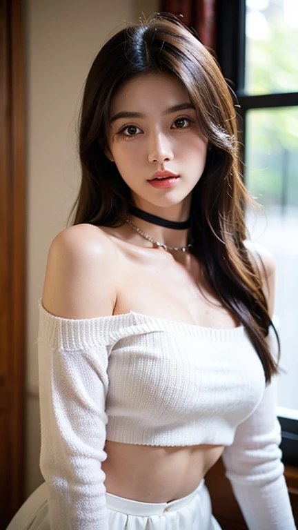 UHD, retina, masterpiece, accurate, super detail, high quality, highres, 4K,1girl, 17 years old, ((cute face)),korean face,((detile texture face)),((perfect eyes)), solo, long hair,((sexy Off shoulder top)),hands on breasts, huge breasts, black skirt, sexy, classroom, indoors, blush