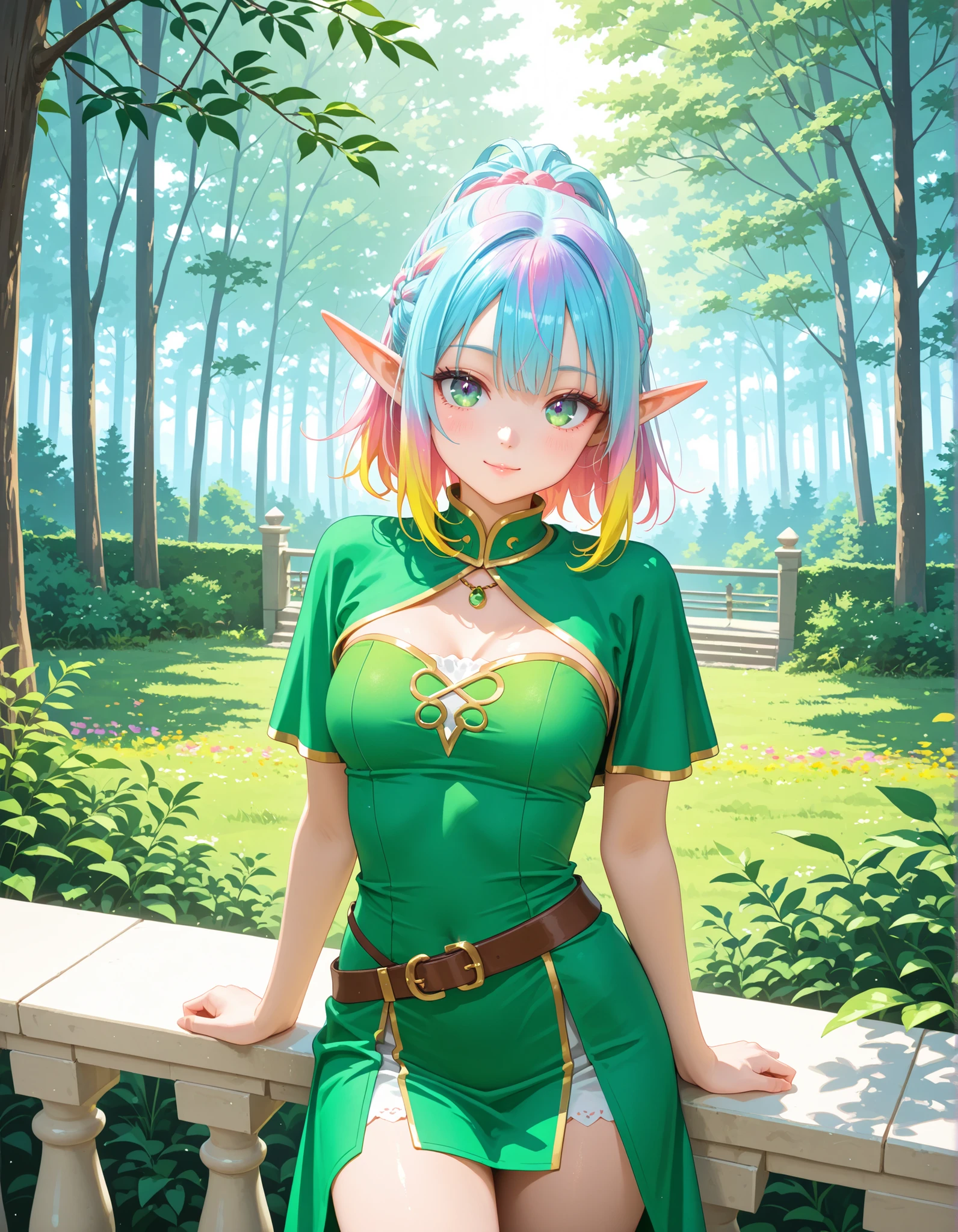highly detailed, colorful, 8k, elf_cosplay, face, chest, posing at a balcony overlooking a forest