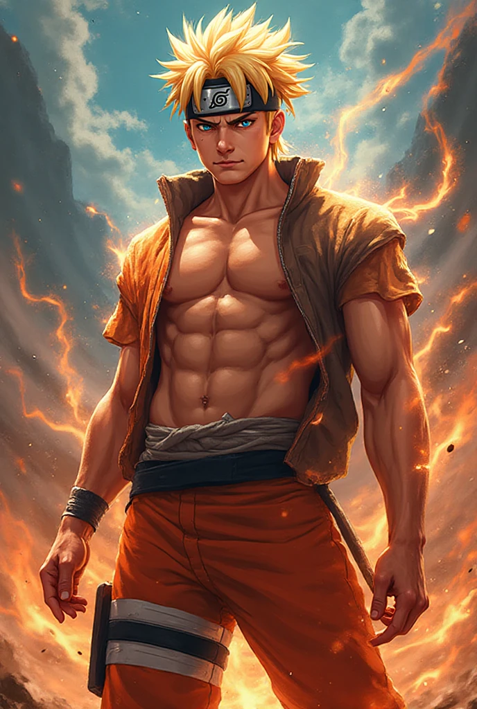 a blonde haired warrior wearing only baggy pants and martial arts shoes using flame magic