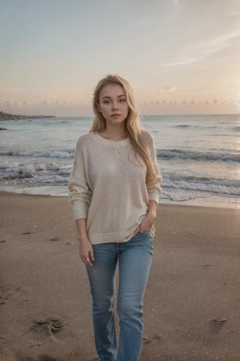 1 Frau, American, Nice, (Selfie, Happy), Filming in a desert oasis tent, Backlight at the golden hour, Tent Open Sign, ​masterpiece, best quality, Ultra-detail, alone, Forecourt, Desert, Oasenkulisse, Natur, cheerful, Happy, Cozy in the sleeping bag, In the tent, When you open the tent, View of the lush oasis in the middle of the sand dunes, maybe camels in the distance, palm trees, clear water, sand dunes, warm desert breeze, cute, contrast, blue sky, analog style, look up at the viewer, Skin texture, film grain, warm hue, warmer Ton, close up shot, cinematic light, sidelighting, ultra-highres, Best Shadows, wear a sweater, Relaxed and intimate photos, with long blond hair.