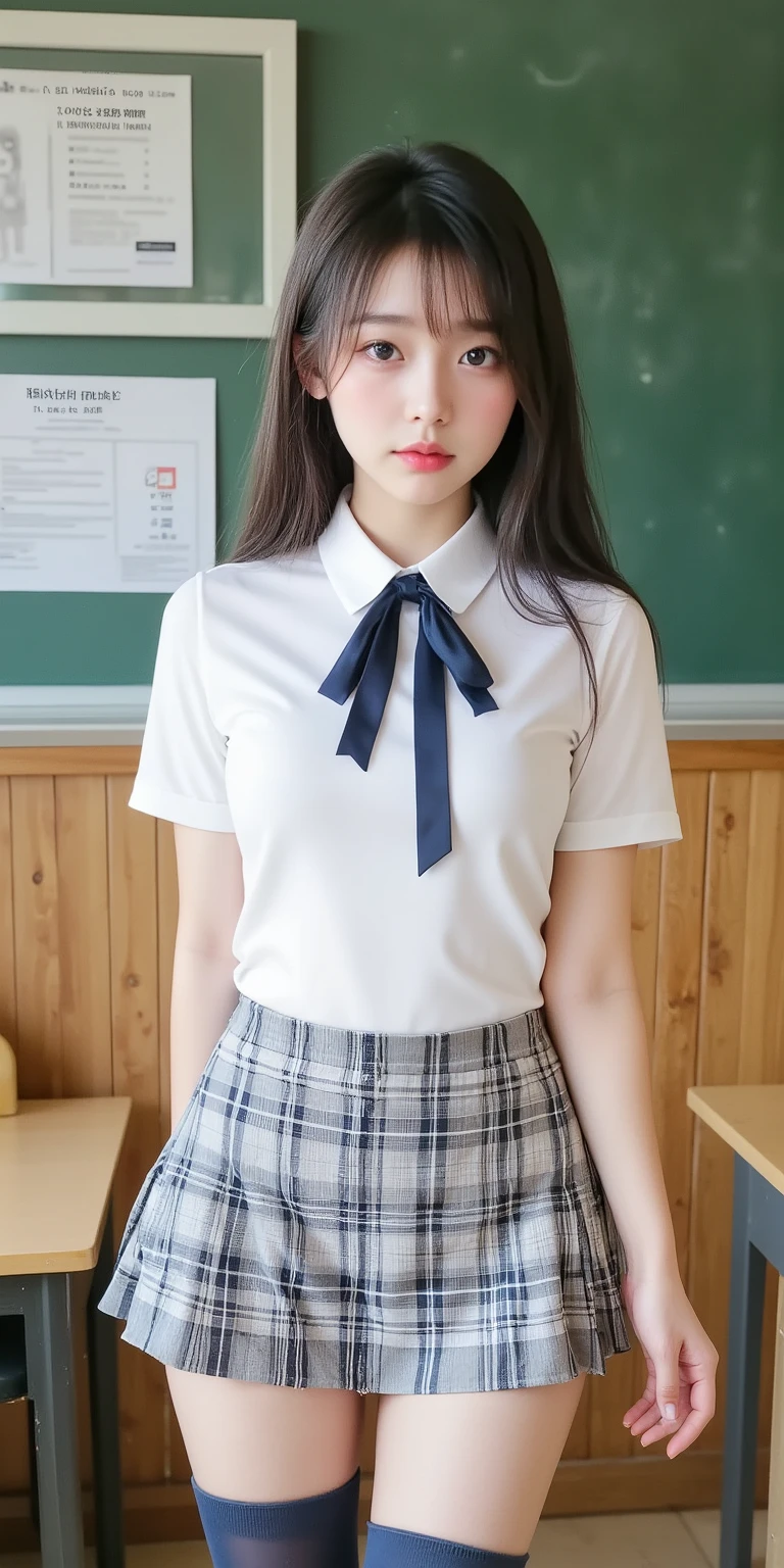 masterpiece, top quality , illustrations, super detailed , Details, high res, 8k,wallpaper, perfect dynamic configuration,(Detailed and high quality, realistic depiction of eyes kissed in the class room:1.3), standing, High school girl uniform、neck tie, Super Short Check Uniform Skirt、Navy blue high socks, straight hair, in the background, deep in the field, Big Breasts , big natural color lips, plump lips, lipstick, (cosmetics), ( Completate), Crying a little、 Harajuku style、 20 year old girl 、 cutest type on women、 beautiful legs, gravure idol