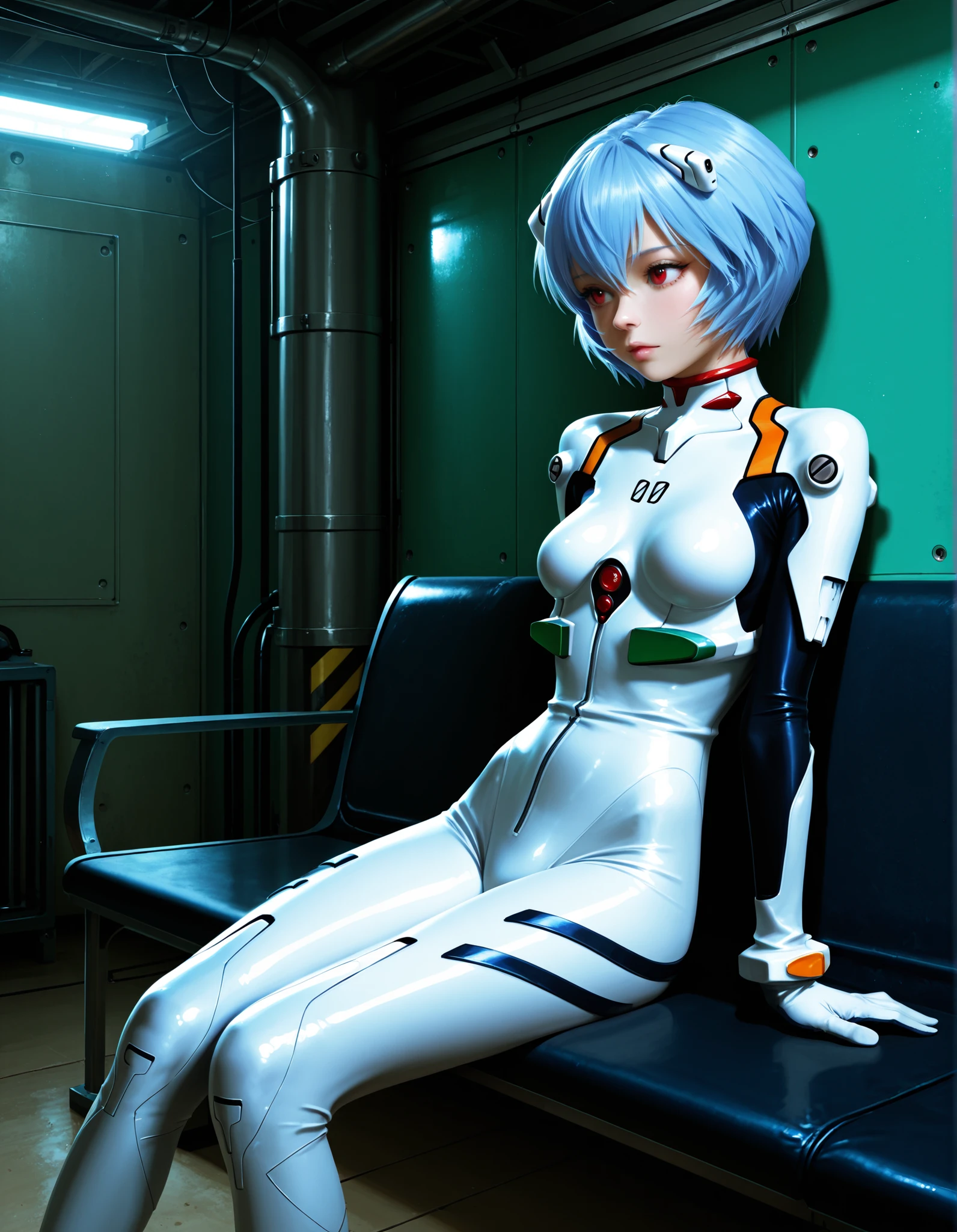 Ayanami Rei, young, plug suit, high tech room, skinny, sitting on bench, amazing quality, masterpiece, (realistic:1.3), clean render, natural cinematic lighting, high res, absurdres, correct, flawless, vibrant colors, atmospheric, hdr, high contrast, 