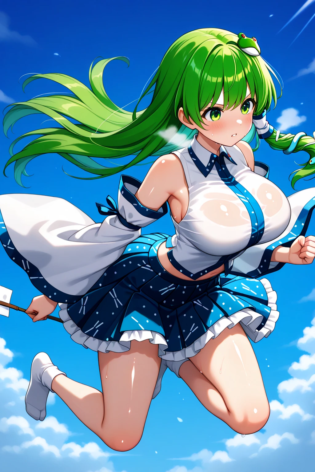 nakano yotsuba, bangs, short hair, blue eyes, hair between eyes, hair ribbon, hairband, orange hair, (green ribbon:1.5), ,, large breasts,, Riding a bike through the sky, solo , early morning、 ,