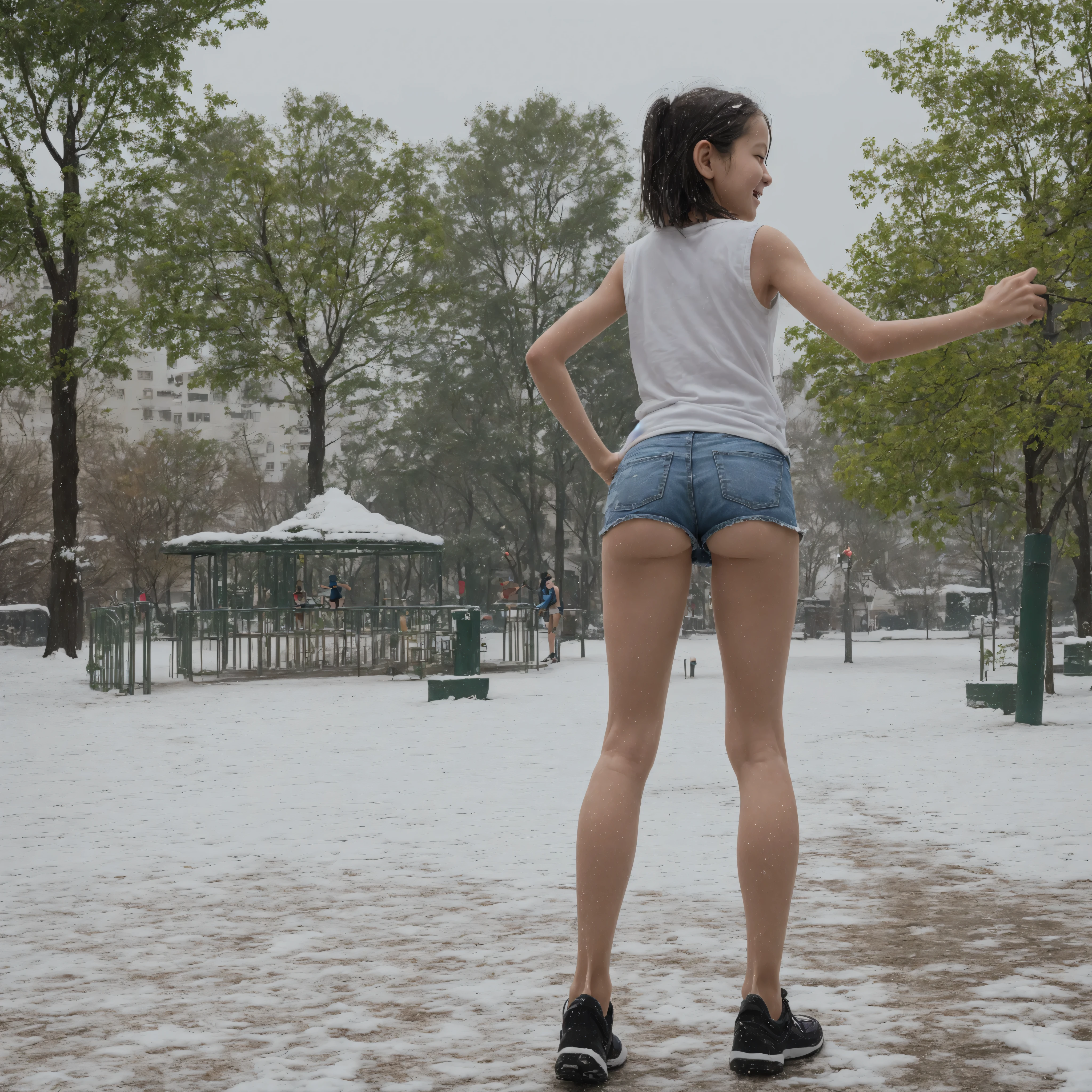 ((and above in Tokyo)), ((PHOTO QUALITY)), (detail), perfect face，11 years old ,was taken at the park,(smile:0.7),cute girl playing with snow,(skinny:1.5),(Slim:1.5),(Toddler_body:1.2),Small butt:1.5,thin legs,taken from behind,turns around and smiles,Hot summer day,sweaty,toned body,miniskirt,(tiny:1.5)