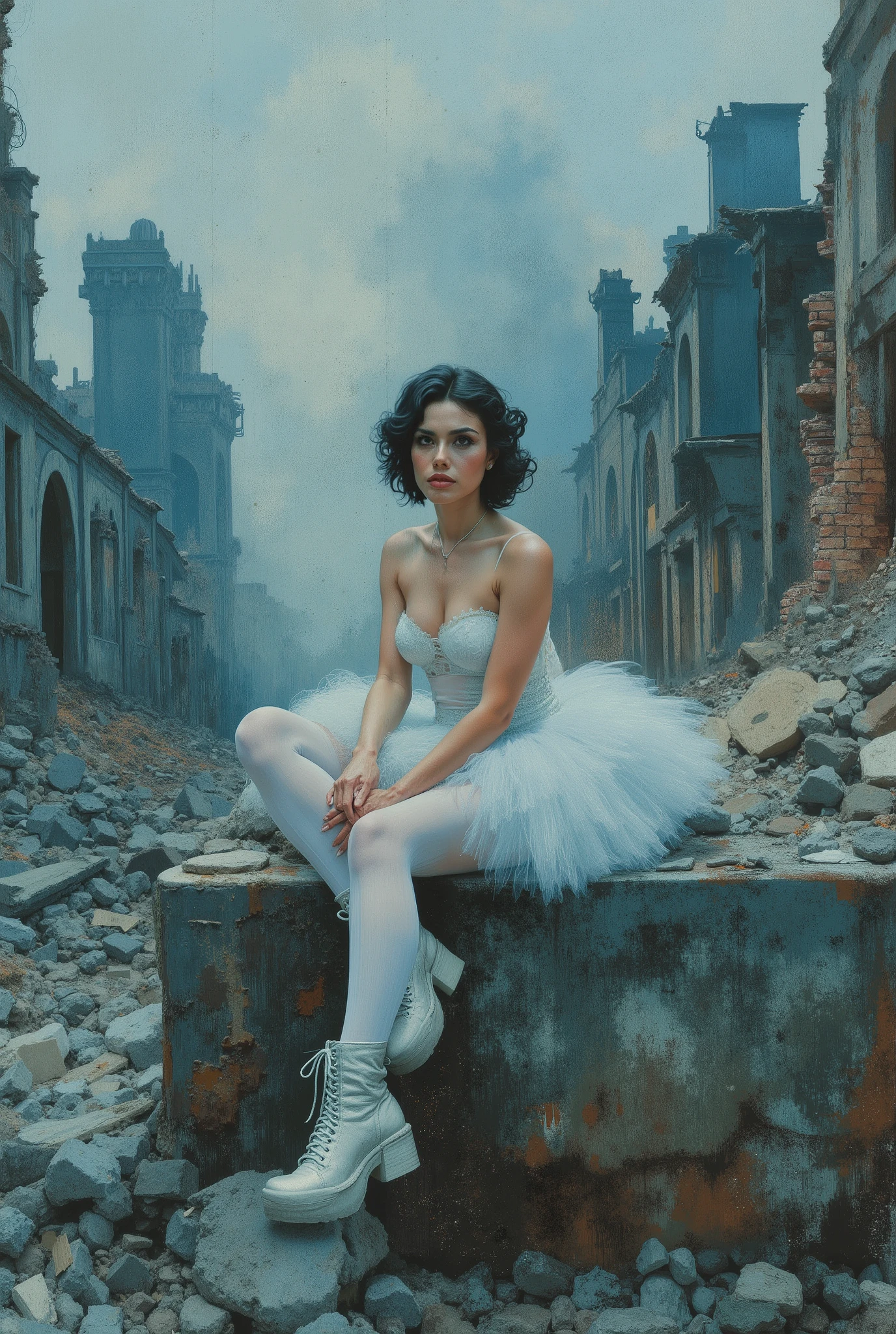 oil painting. The end of World. The digital illustration shows a beautyfull woman. She's wearing a white tutu white pantyhose and white platform boots. She is sitting on the ruins of destroyed building with legs down. She has evening makeup and a hairstyle. It is wide angle shot from top. The background is a mix of abstract and urban elements, with a cool color palette dominated by shades of blue and gray. The overall style of the game is very detailed and dynamic, with an emphasis on strong and confident character behavior. Surreal digital graphics.