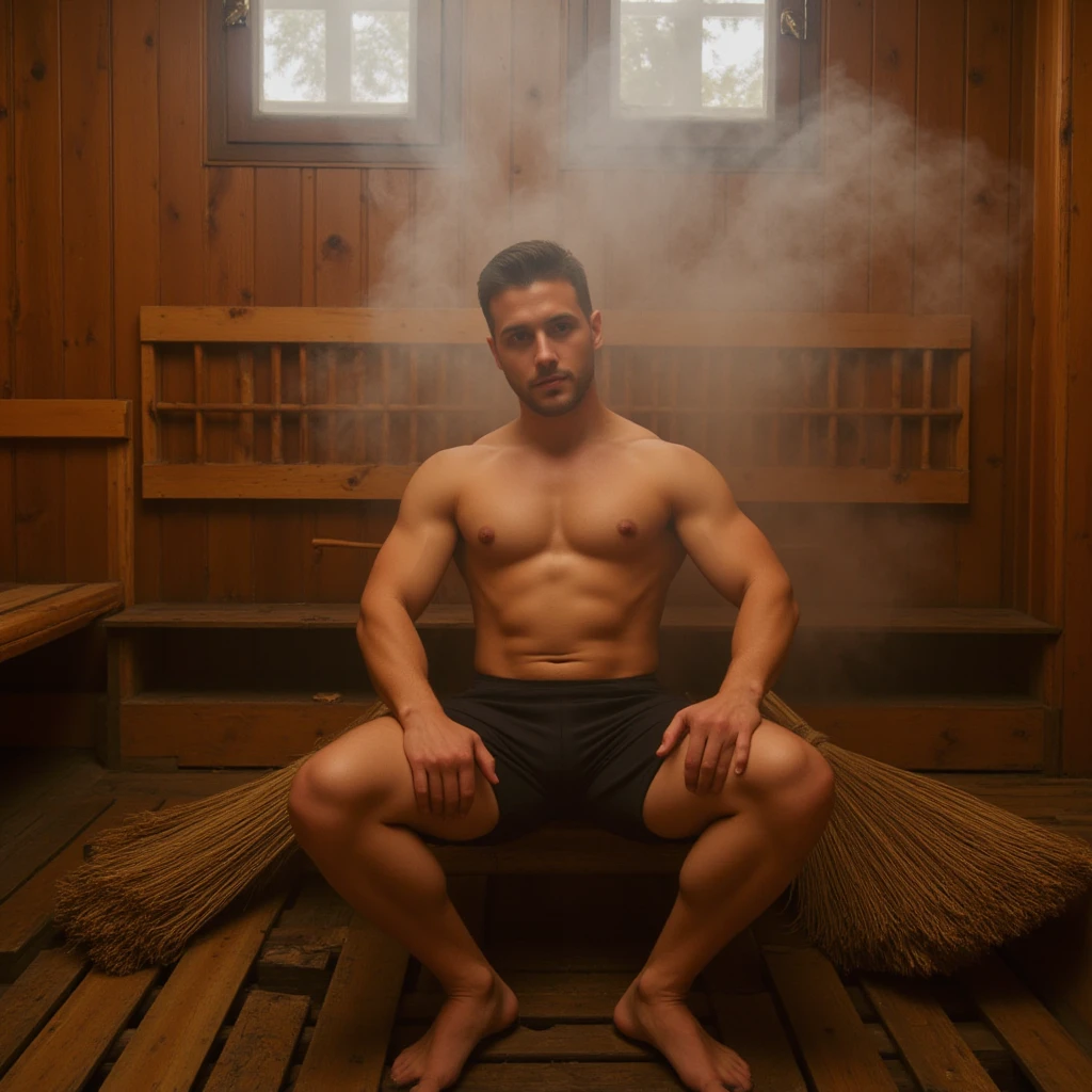 Create a hairy, muscular shirtless man in white underwear in a sauna