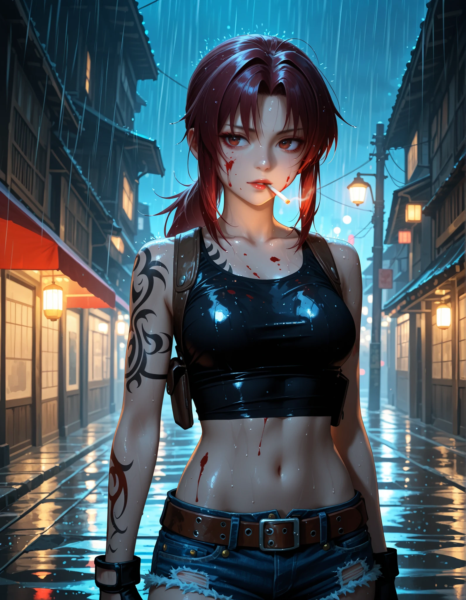 Revy Two Hand, Asian, tribal tattoo on upper left arm and shoulder, denim hotpants, belt, 1 lit cigarette in mouth, fingerless gloves, black crop top, revy main outfit, blood spatters on face and body, rain, bitterness, night, | maximum quality, masterpiece, absurdres, anime, cinematic lighting, dramatic lighting, realistic,