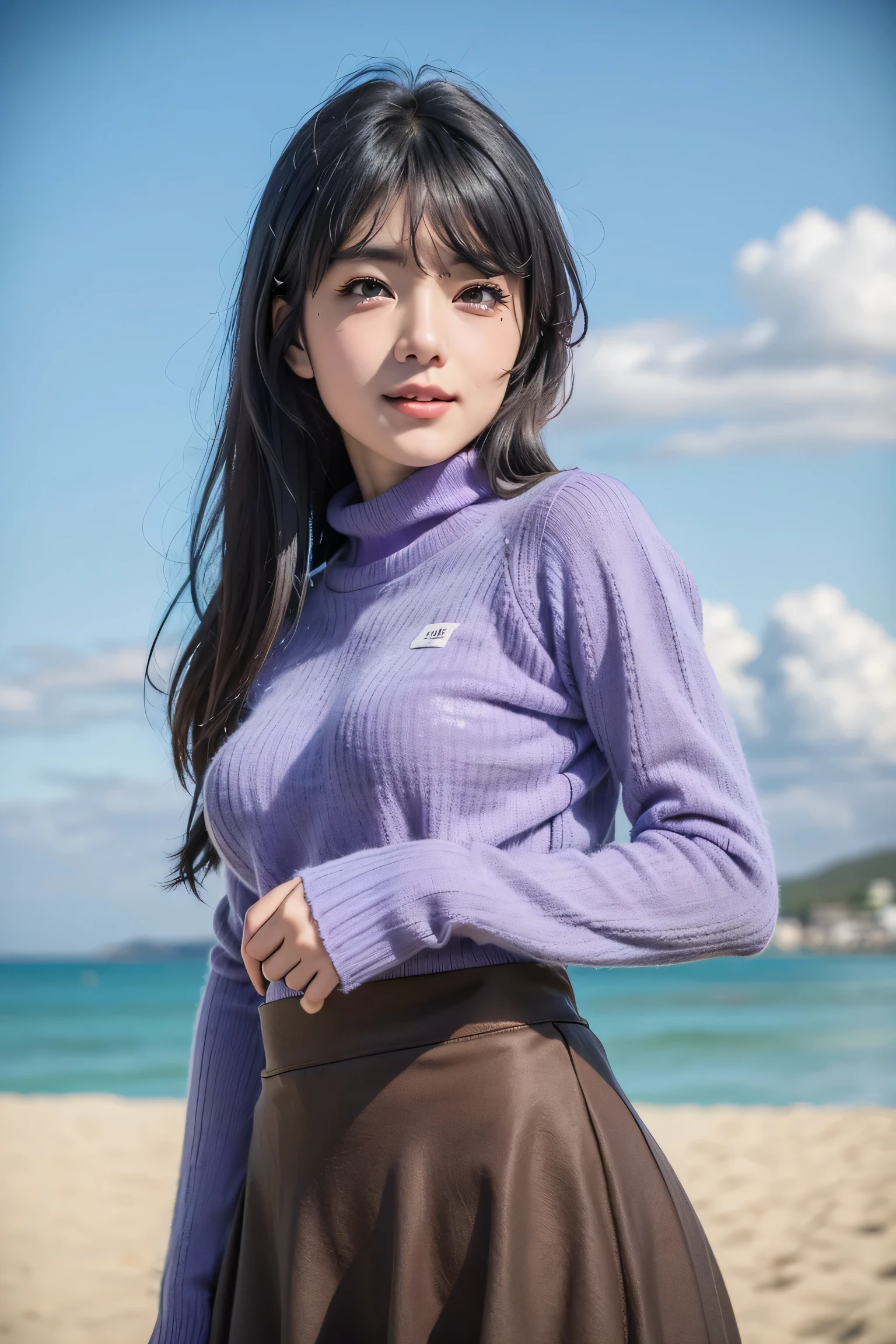 Best quality, 8k, 32k, Masterpiece, photorealistic image, beautiful face, perfect face, highly detailed beautiful face and eyes, attractive face, (detailed skin:1.2, skin blemish:0.5), real human skin, perfect skin,
smile,
cowboy shot, nice pose, active pose, Standing on a winter sand dune,
1girl, Cute japanese girl,18 years old, hight school student, looking at viewer, Petite, beautiful breasts, skinny body, moderate waist, medium breasts,
mai sakurajima, long hair, bangs, (black hair:1.5), (purple eyes:1.1), ((hairclip)),
(((Purple sweater, puffy long sleeves, checkered brown long skirt))),