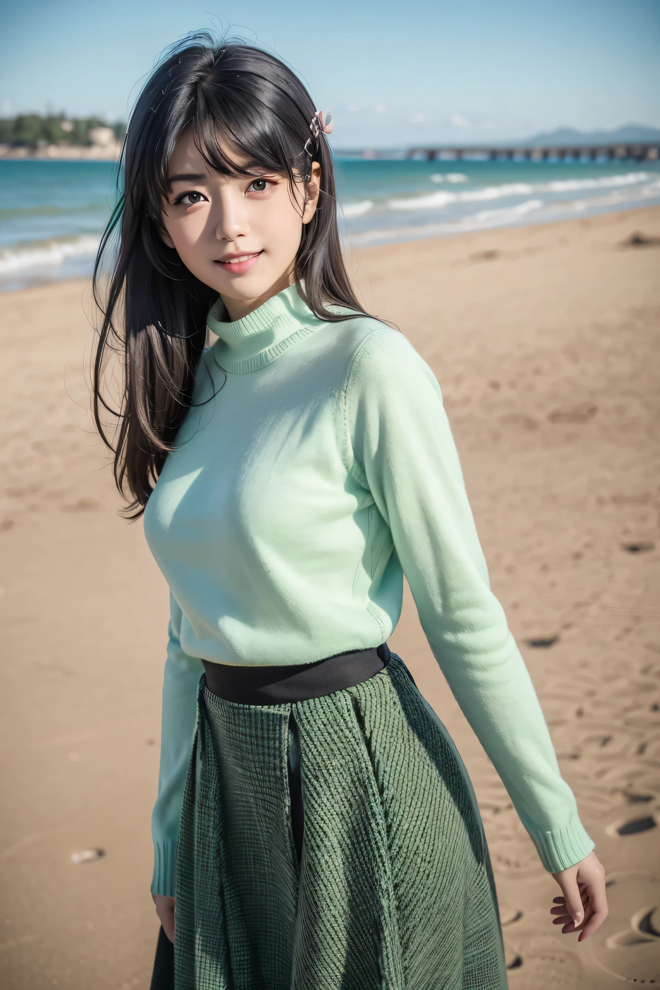 top quality, 8k, 32K, masterpiece, photorealistic image, beautiful face, perfect face, highly detailed beautiful face and eyes, attractive face, (detailed skin:1.2, Skin blemishes:0.5), real human skin, perfect skin,
smile,
cowboy shot, A lovely pose, active pose, Standing on a sand dune in winter,
1girl, cute Japanese girl,18 years old, high school students, viewers, smaller, Beautiful Breasts, skinny body, Moderate waist circumference, Medium Breasted,
Mai Sakurajima, long hair, Bang, (黒い髪:1.5), (Purple Eyes:1.1), ((hair clip)),
(((Light Green Sweater, long sleeve, checkered brown long skirt))),