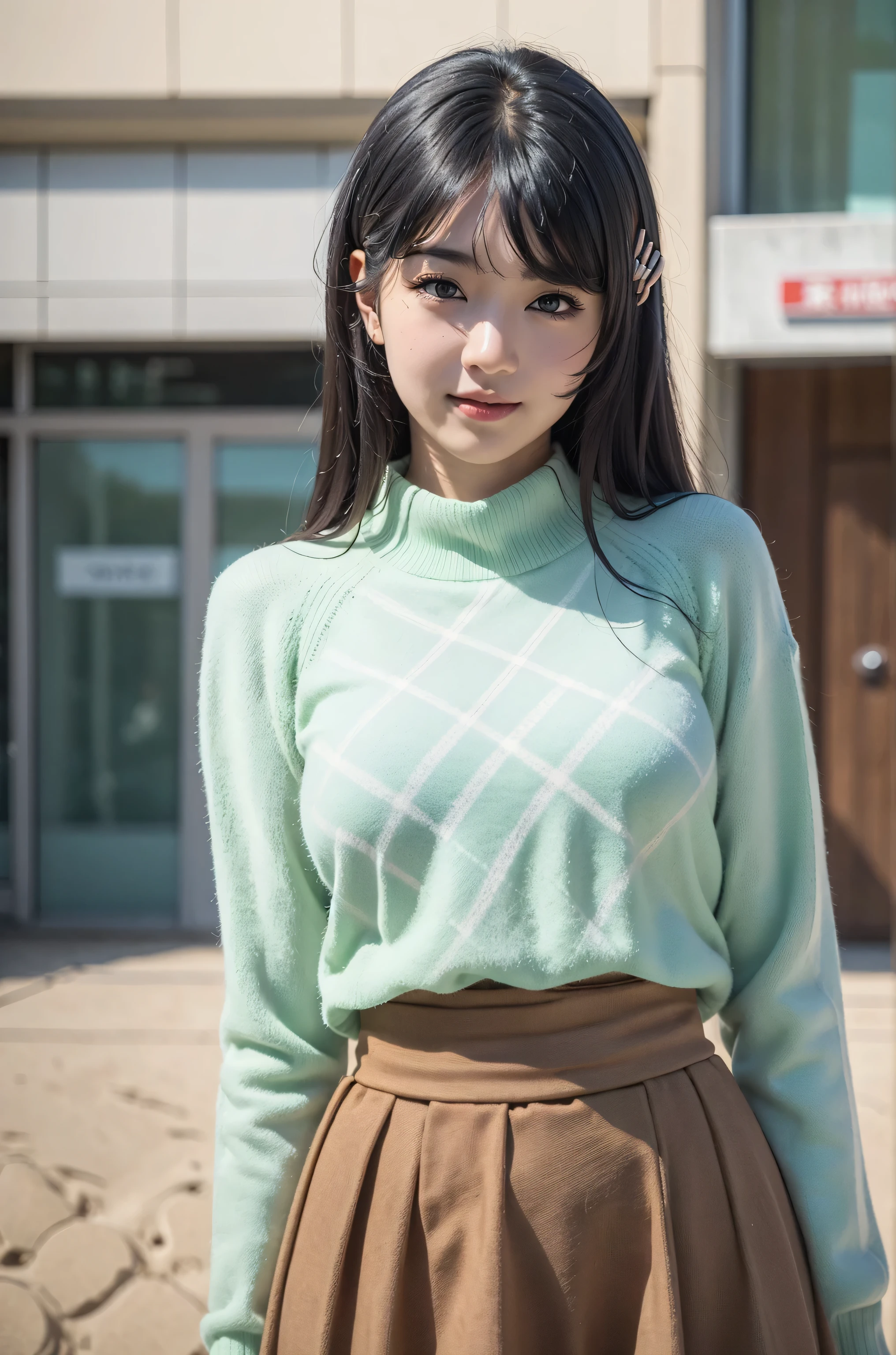 Best quality, 8k, 32k, Masterpiece, photorealistic image, beautiful face, perfect face, highly detailed beautiful face and eyes, attractive face, (detailed skin:1.2, skin blemish:0.5), real human skin, perfect skin,
smile,
cowboy shot, nice pose, active pose, Standing on a winter sand dune,
1girl, Cute japanese girl,18 years old, hight school student, looking at viewer, Petite, beautiful breasts, skinny body, moderate waist, medium breasts,
mai sakurajima, long hair, bangs, (black hair:1.5), (purple eyes:1.1), ((hairclip)),
(((light green sweater, long sleeve, checkered brown long skirt))),