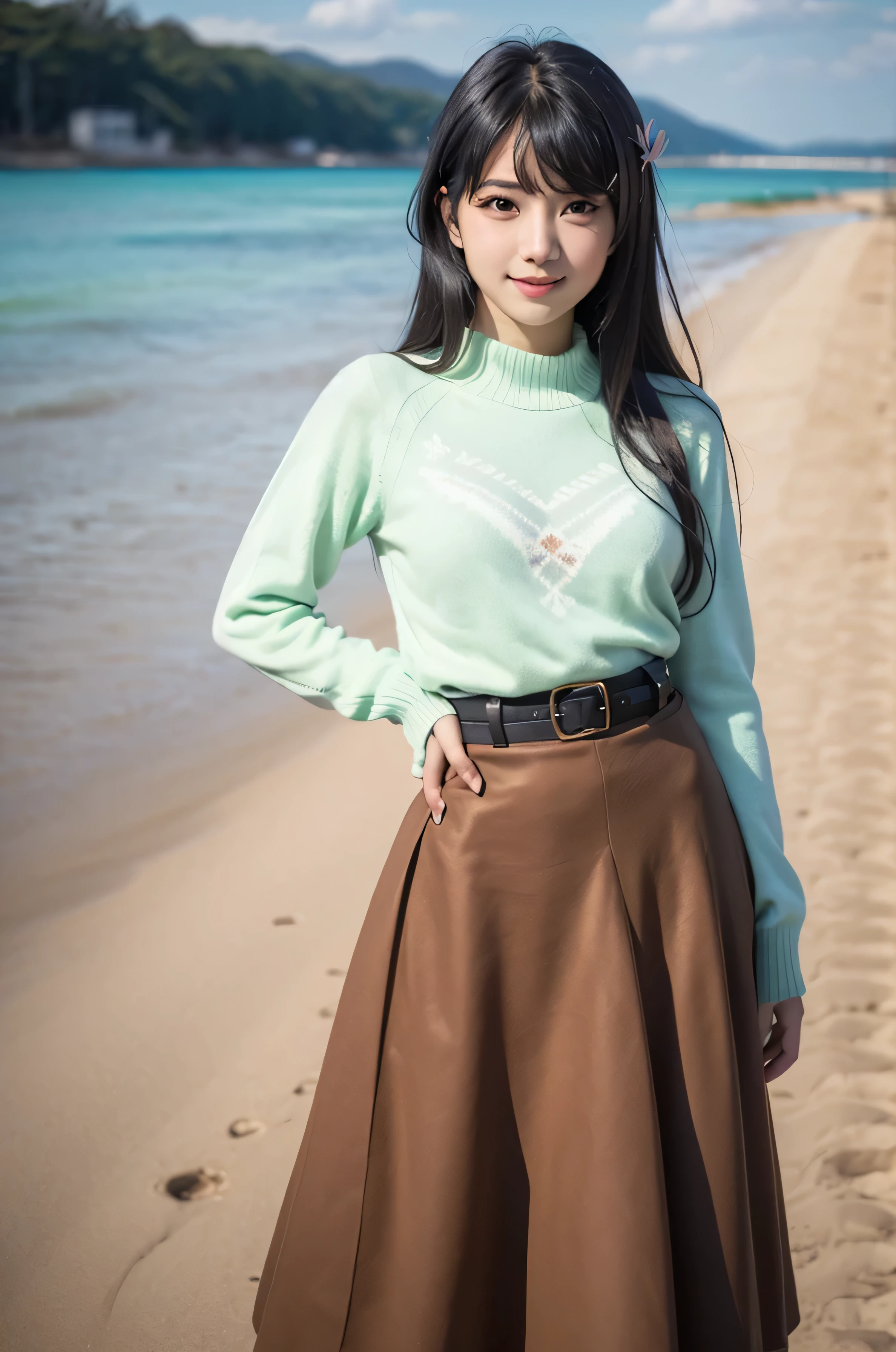 top quality, 8k, 32K, masterpiece, photorealistic image, beautiful face, perfect face, highly detailed beautiful face and eyes, attractive face, (detailed skin:1.2, Skin blemishes:0.5), real human skin, perfect skin,
smile,
cowboy shot, A lovely pose, active pose, Standing on a sand dune in winter,
1girl, cute Japanese girl,18 years old, high school students, viewers, smaller, Beautiful Breasts, skinny body, Moderate waist circumference, Medium Breasted,
Mai Sakurajima, long hair, Bang, (黒い髪:1.5), (Purple Eyes:1.1), ((hair clip)),
(((Light Green Sweater, long sleeve, checkered brown long skirt))),