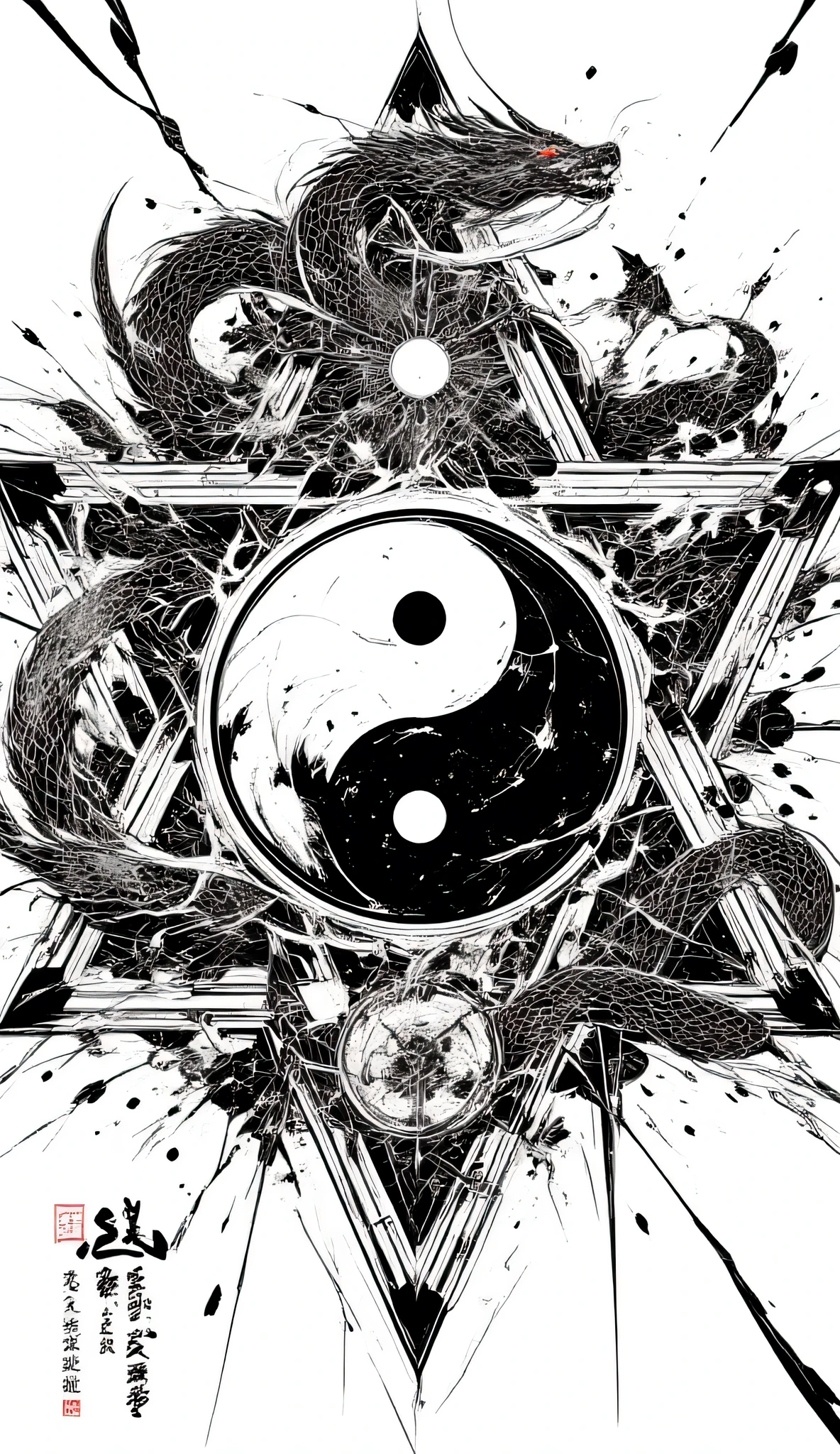 {x} stars adjoining the large yin and yang Taijiku chart、There is a dragon at the top of each star「There is a black and white half」letters、in the center of the picture that is black and white and half々color-coded