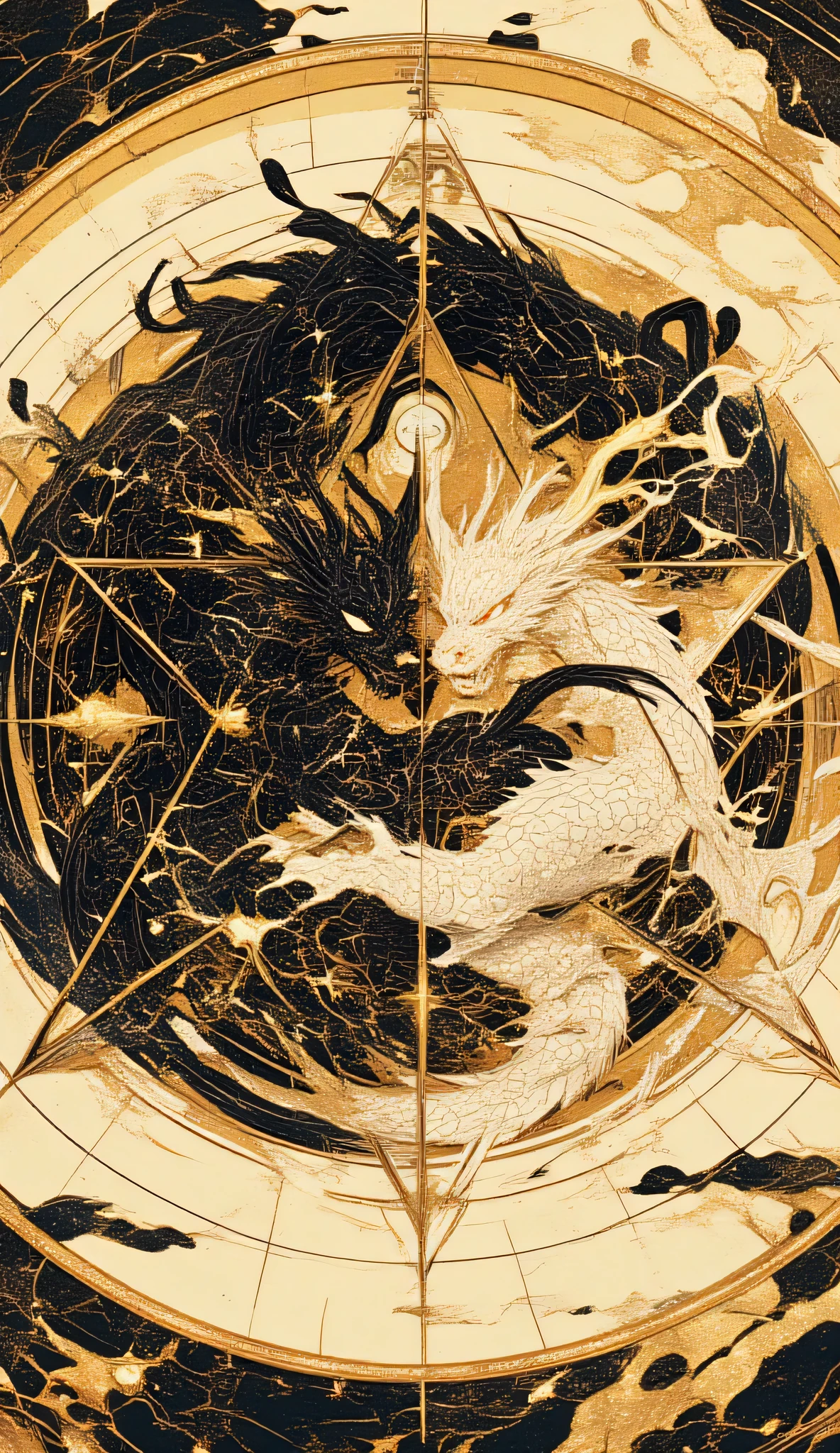 A five-pointed star on the inside of a large yin and yang Taijiku map、letters for wood, fire, earth, gold, and water on each vertex of the five-pointed star、There is a dragon color-coded in black and white in the center of the picture

