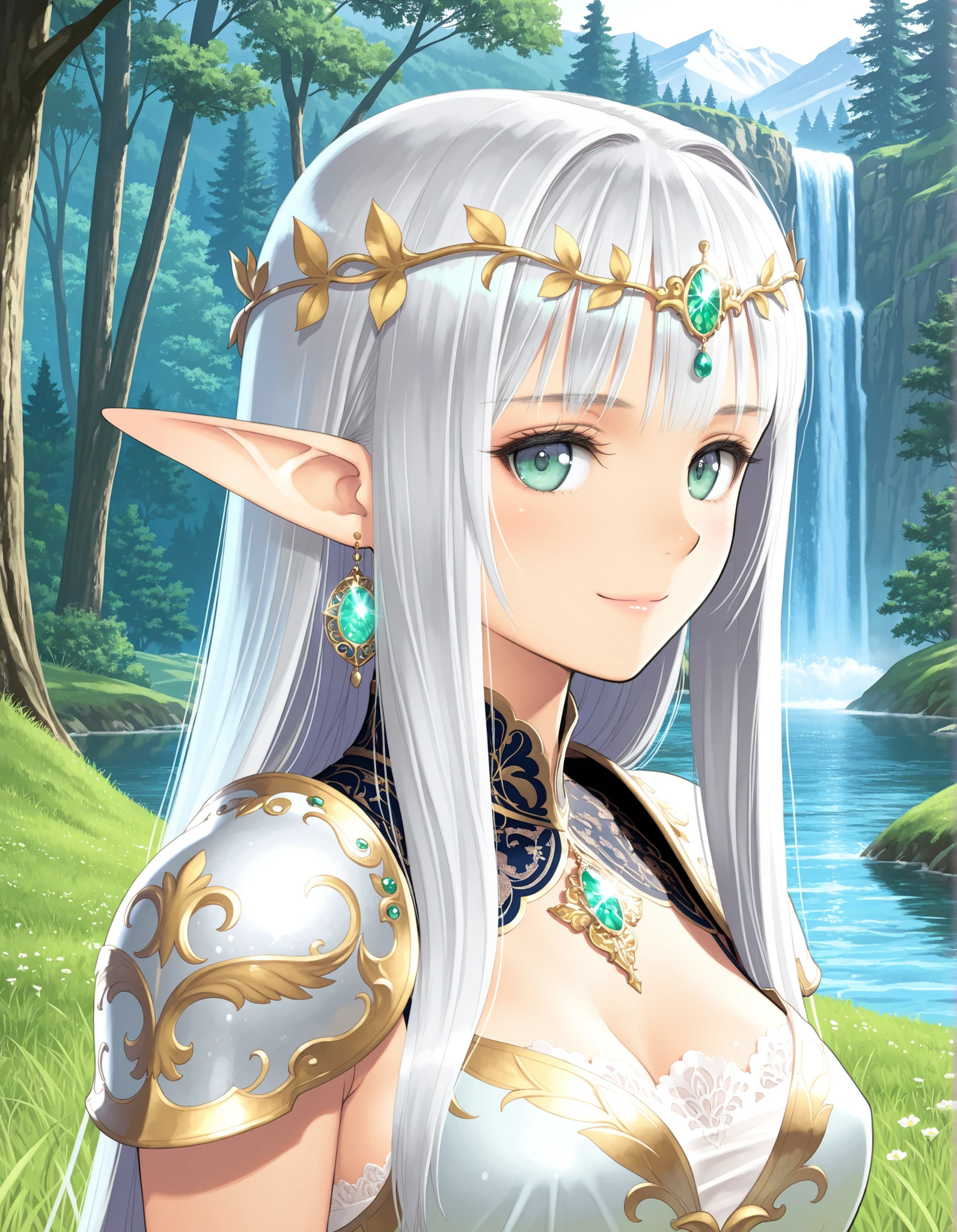 elf woman in symmetrical elegant ornate engraved light armor with motifs, gold, jewels, jewelry, fantasy, dress, lace, lingerie, subtle smile, small flowers, grass, waterfall, forest, tall snowcapped mountains, mid range portrait,

| (beautiful:1.3), very aesthetic, anatomically correct,

professional cgi, masterpiece, professiona cgi, amazing quality, highest quality, hyperdetailed, cinematic, dynamic, focused, atmospheric, ultra high definition, 4k, handfixer, (tony taka:0.85),