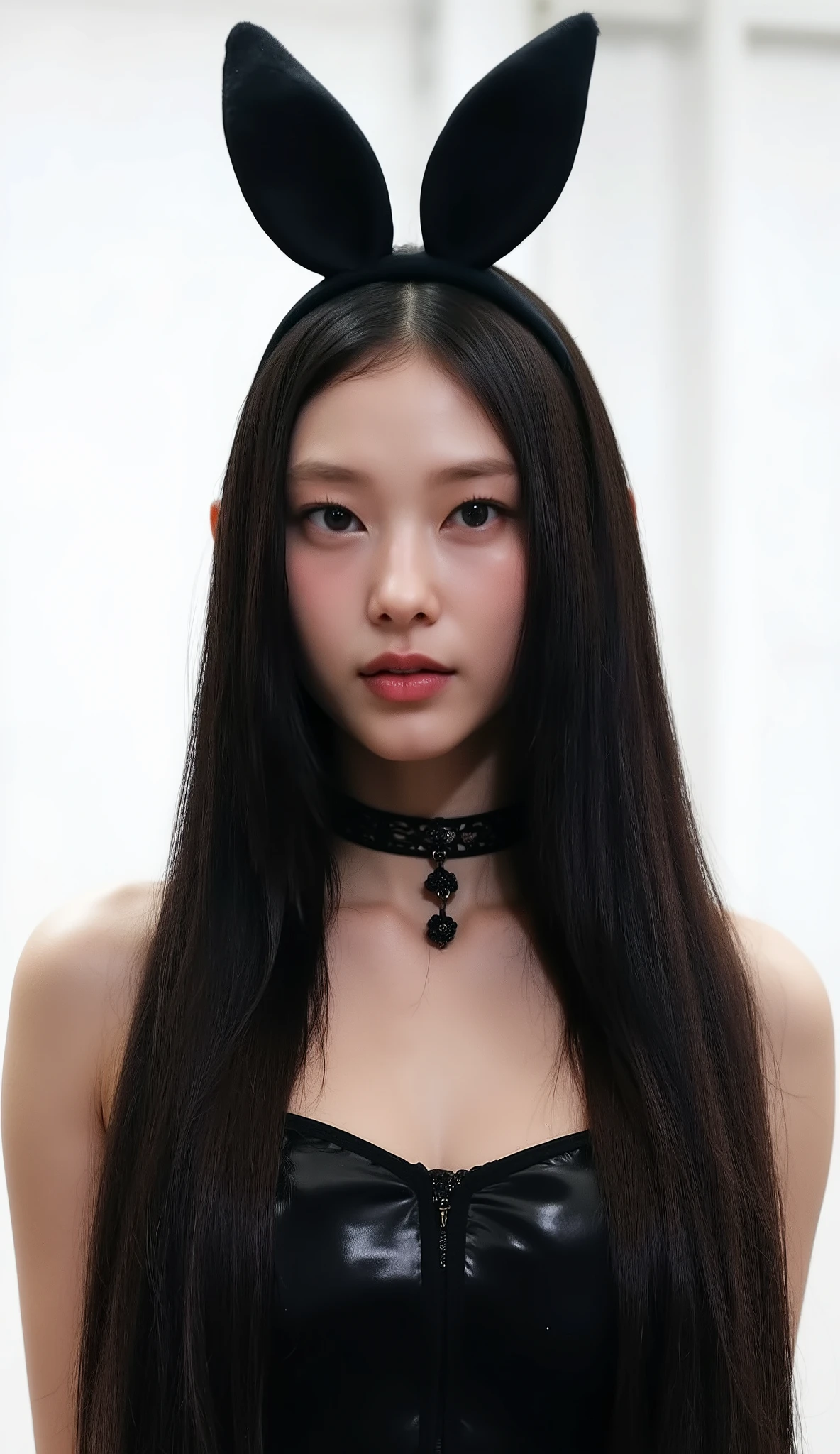 Create a close-up picture of a young woman with long, sleek black hair. She is wearing a glossy black reverse bunny suit: high-cut strap leotard with deep backless design, high-cut hips, black lace bunny ears headband, black lace choker. her expression is serene, with a soft, reflective gaze. The lighting is low and moody, casting subtle shadows to highlight her delicate features. The background is a clear white, adding depth to the image and enhancing the focus on her calm and elegant appearance. The overall mood is sophisticated, introspective, and graceful. ultra-detailed 8k, masterpiece, best quality, hyperrealistic skin texture, looking at viewers.