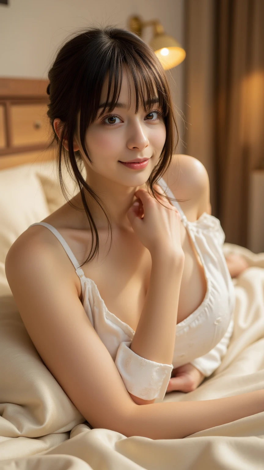 masterpiece, highest quality, RAW Photos, 8k, One Girl, close, Focus on the face, Beautiful and detailed skin, Backlight, Soft Light, shy, Embarrassing, Reveal, avert your eyes, Anatomically correct, Medium Hair, (bangs:1.4), Put your hair up, Eye and facial details, Textured skin, Professional photography, Professional Lighting, cute, girly, Film Grain, White A-Line Dress、Race、Skin-tight clothing、白いRaceのミニスカート、White high heels、Cleavage、Lying down、Sleep on your back、Beautiful belly button、Stand with your feet apart、smile、Embarrassed、