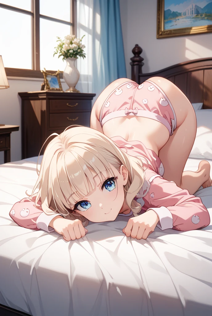 Woman likes it  on the bed  showing her ass and  white skin blue eyes smiling big breasts short blonde hair 