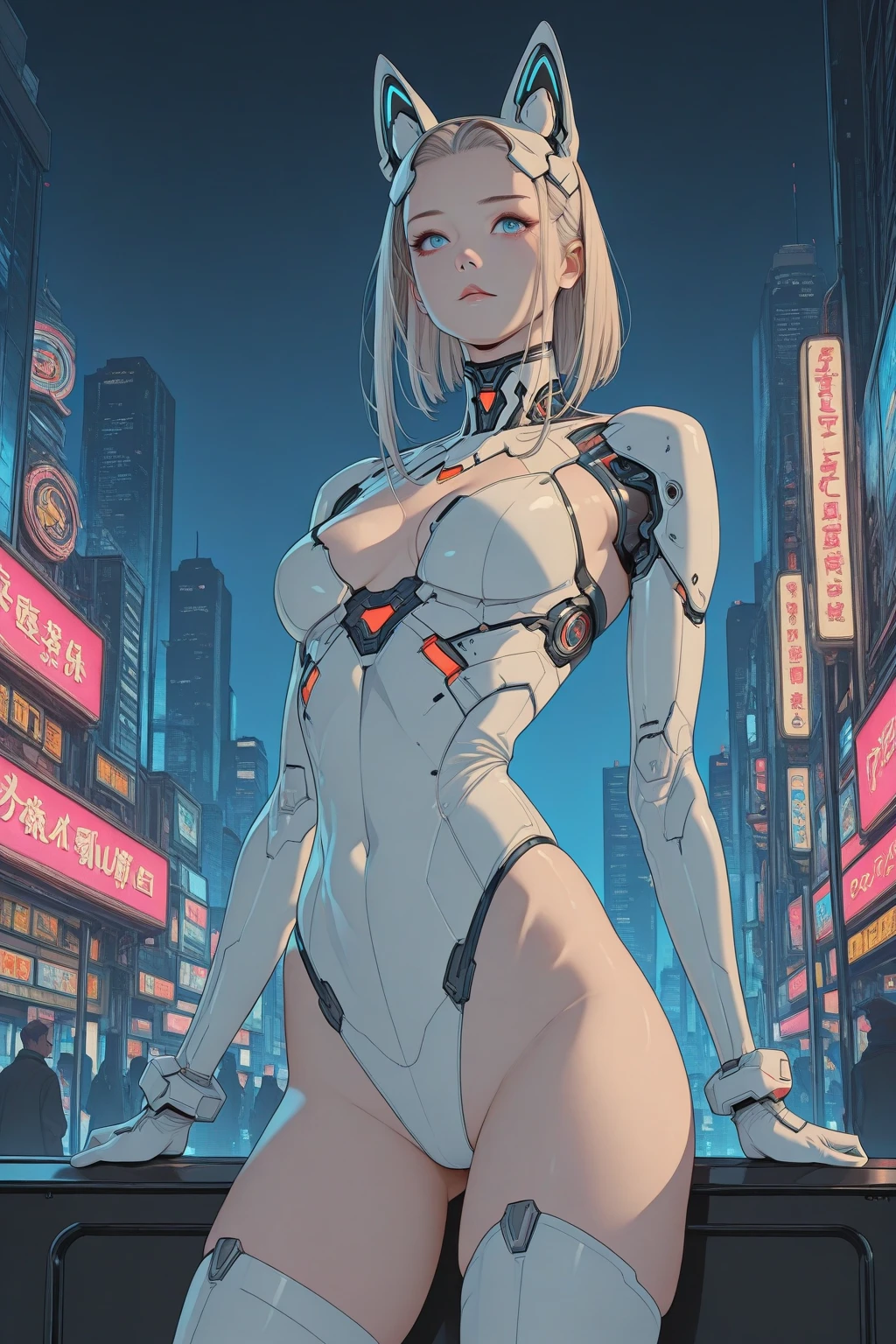 Detailed art, fair-skinned humanoid Android with short gray hair with triangular bangs covering the eyebrows and shiny yellow Cyborg eyes, female humanoid Android with a mark on her neck that says HUGE, her hair has long side bangs down to her belly and at the back of her hair and well short, its skin is synthetic similar to humans, running to escape at night in a city