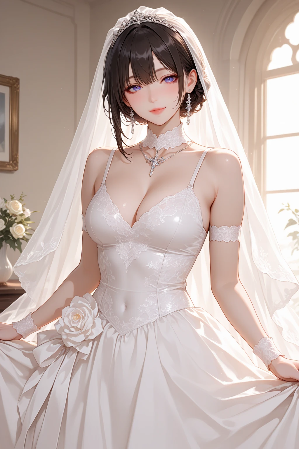 Masterpiece:1.2, best quality), realistic, (Real picture, complicated details, depth of field), (1 girl, alone), put on makeup, Chapped lips, มีรายละเอียดhigh, perfect face, (scalping), thick thighs, wide hips, small waist, high, glossy coral lips,, (Young woman in a wedding dress with flowers in her hand )), sexy, blushing, Mikasa from AOT