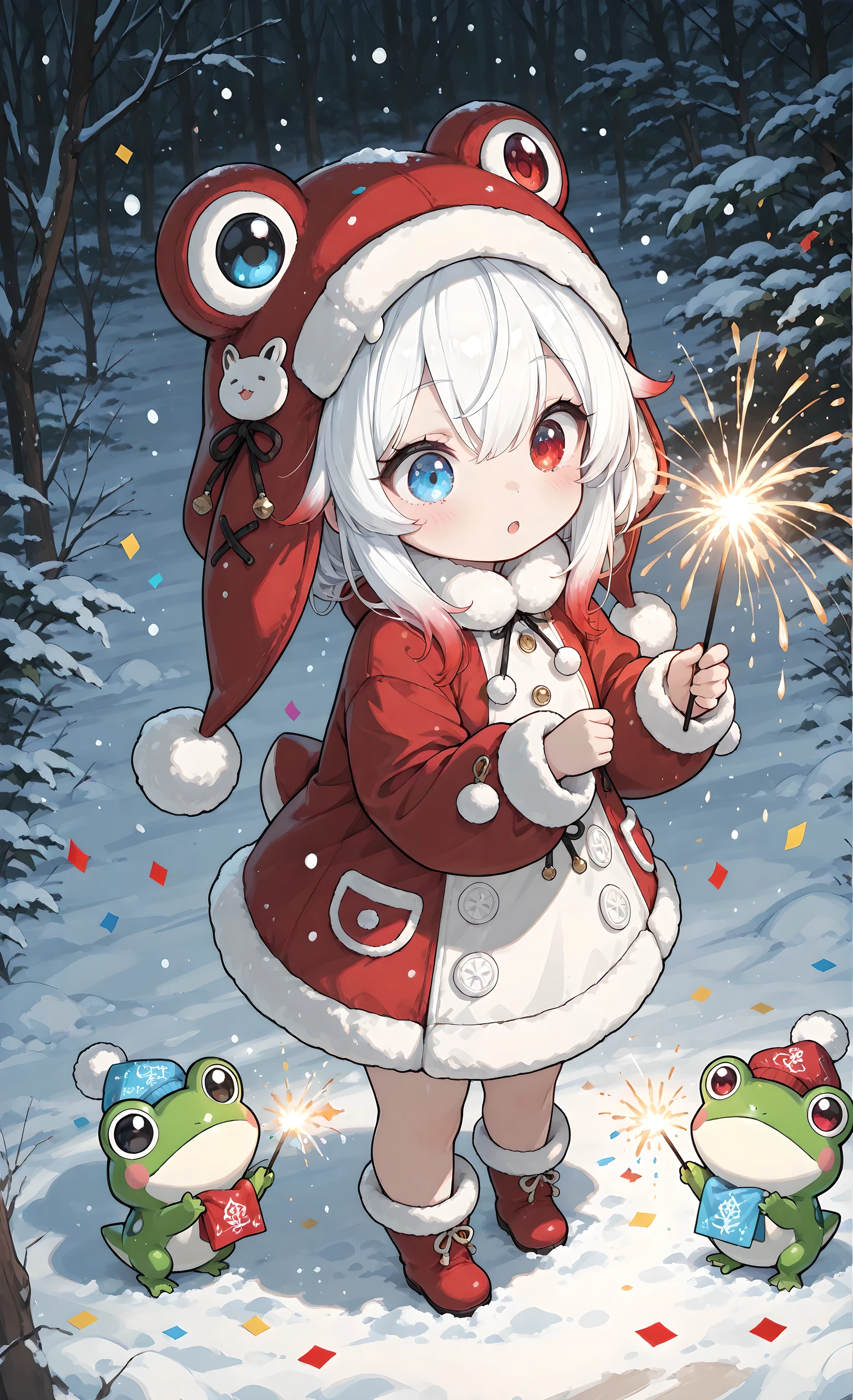 (masterpiece, best quality, ultra-detailed, absurdres, intricate details, sharp focus), Chibi style,
Melys Chibi, masterpiece, best quality, ultra-detailed:1.3, 1girl, solo, pure white hair with soft gradient red tips, heterochromia crimson red right eye:1.3 and ice blue left eye:1.3, fair skin, wearing a chic velvet burgundy mini dress, an oversized frog-shaped beanie hat with a pompom, holding a sparkler, confetti in the air, New Year party, festive, lively atmosphere, detailed clothing, snowfall on the background