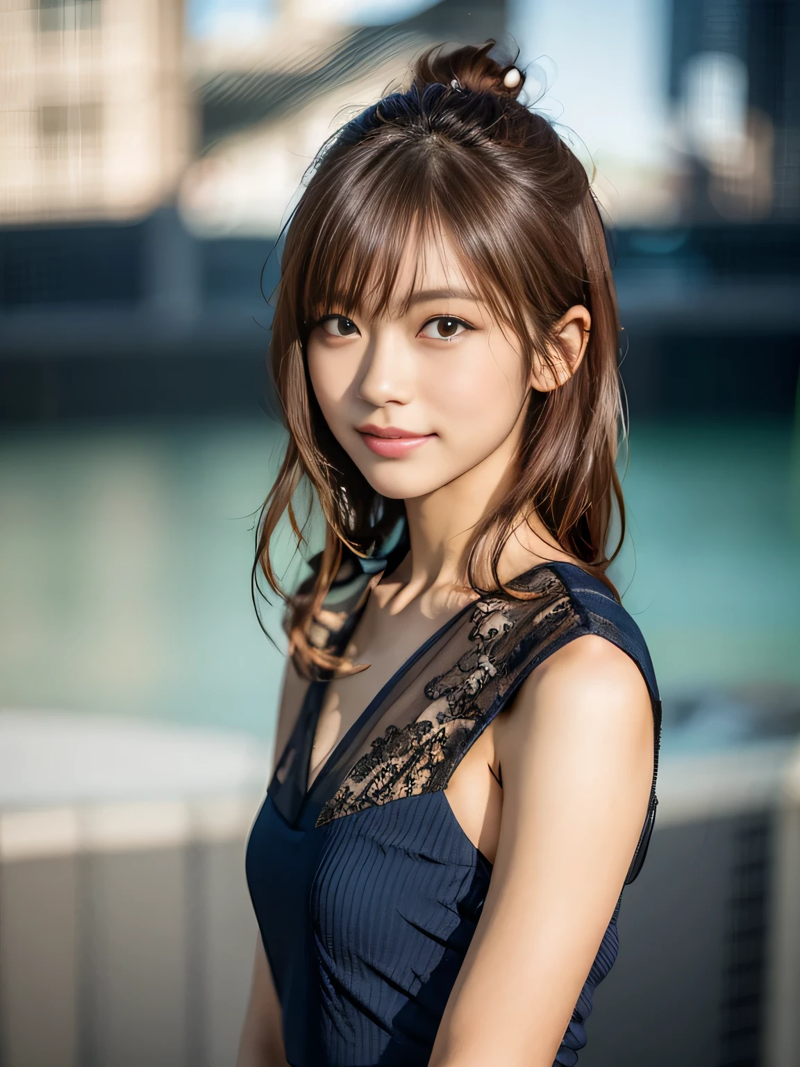 A close up of a woman in a blue dress posing for a picture - SeaArt AI