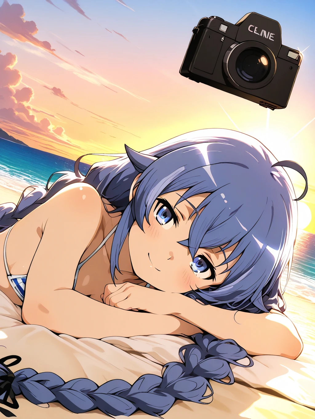 high quality, a beautiful 
woman, "Kisaragi Chihaya" from "The Idolmaster", summer,beach, small ?????? swimwear, blue hair, long hair, small flat ?????, slim waist, looking at camera, beautiful navel ,Pose like a gravure model,  shoot from below,