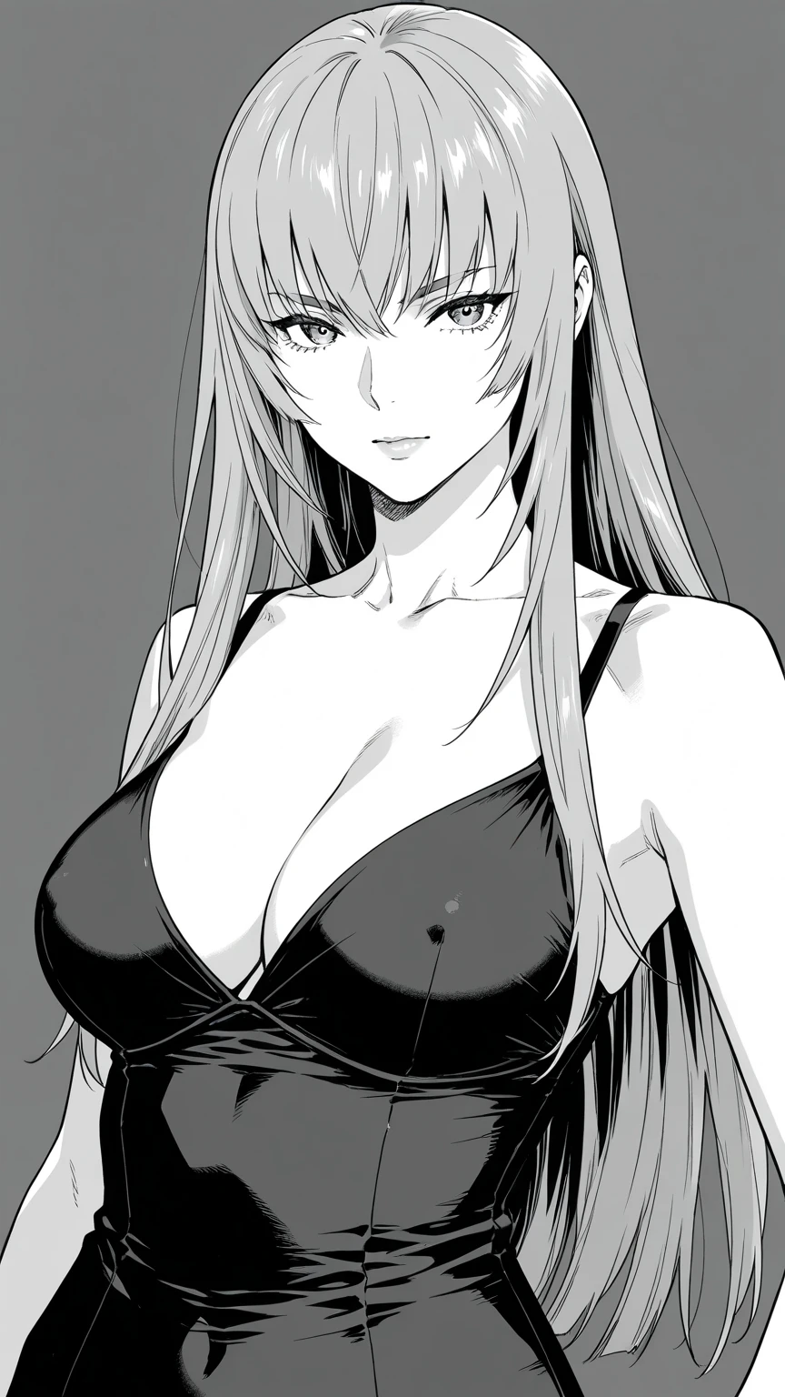 Stunning girl, Detailed blue eyes,  expression, white hair, , wide , slim body, black nightdress, black choker, (Black and white, sketch), black background, , simple poster, ((negative space)),