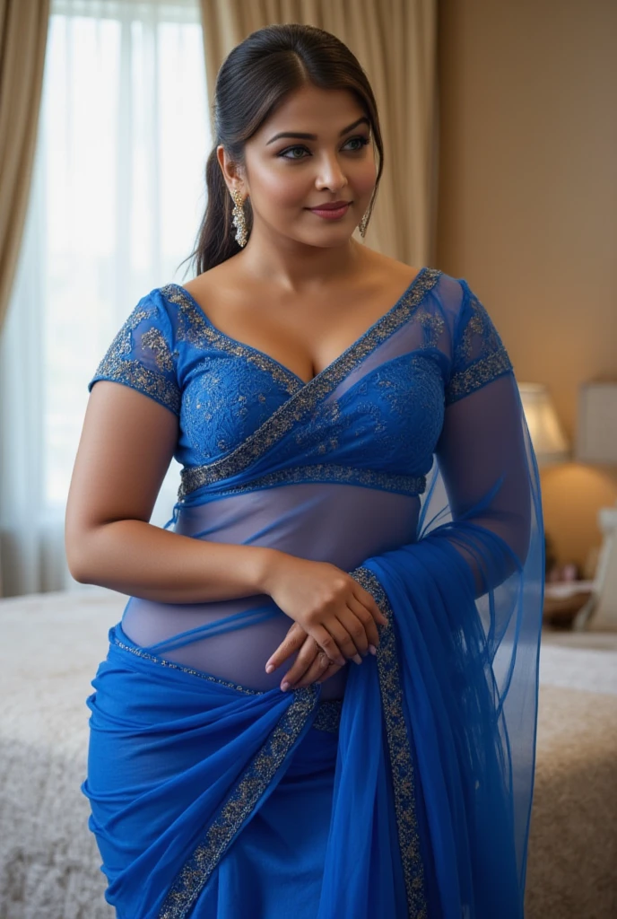 Beautiful young indian woman, wearing dark blue satin saree, , river and mountain landsape, detailed face, detailed body, symmetric face, cute, iconic, photorealistic, big breasts, big belly , hair ponytail, masterpiece, 8k, ultra realistic, detailed background, palace, god rays, ambient occlusion, hands on ponytail, hands on back to head, , , brests, complete , big ass