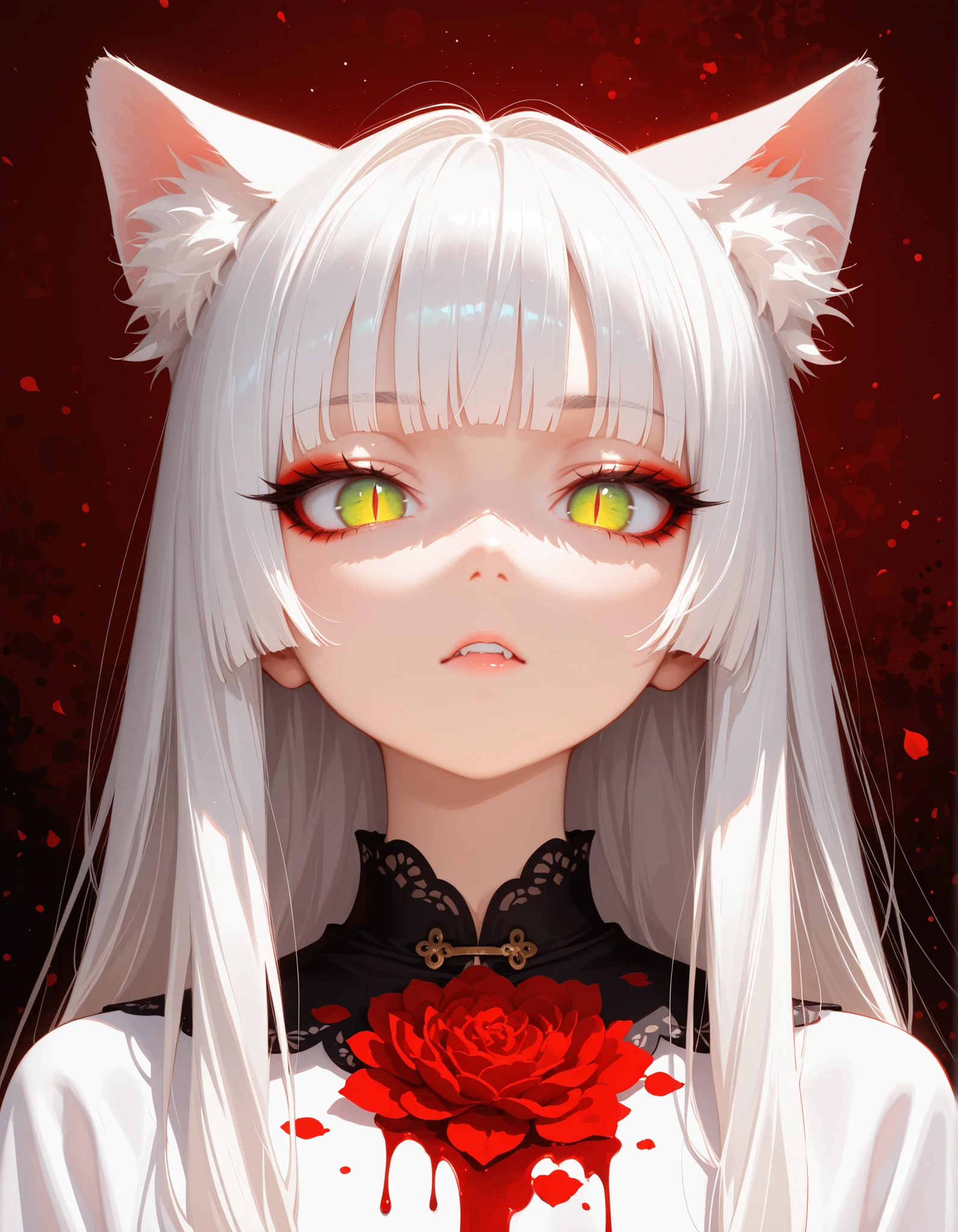 masterpiece, best quality, amazing quality, very aesthetic, high resolution, ultra-detailed, absurdres, newest, cat girl, red, slit pupils, white hair, long hair,  hime cut, smooth hair, blood flowers, eyeliner, abstract work , Intimidation, psychedelic