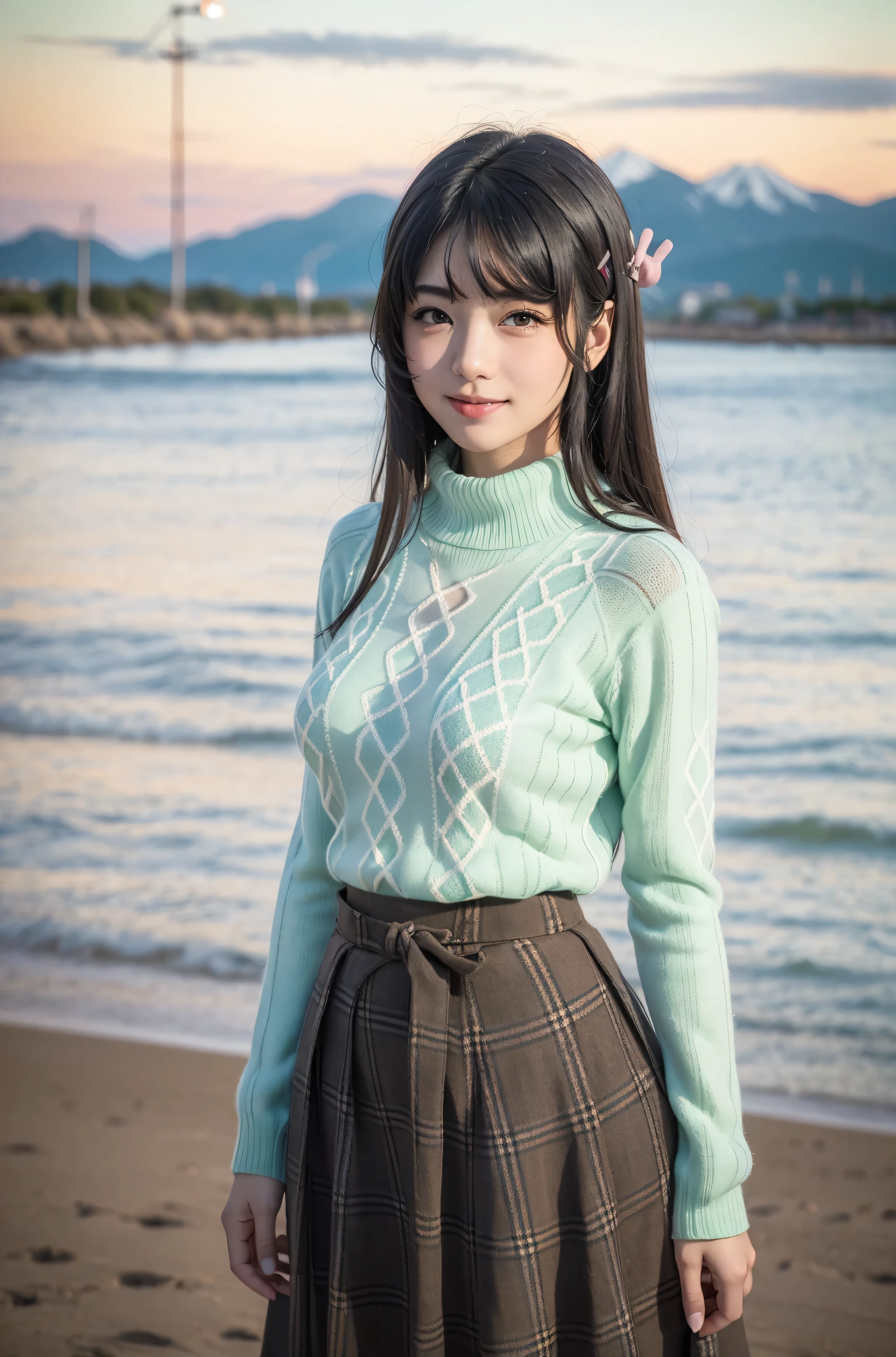 top quality, 8k, 32K, masterpiece, photorealistic image, beautiful face, perfect face, highly detailed beautiful face and eyes, attractive face, (detailed skin:1.2, Skin blemishes:0.5), real human skin, perfect skin,
smile,
cowboy shot, A lovely pose, active pose, Standing on a sand dune in winter,
1girl, cute Japanese girl,18 years old, high school students, viewers, smaller, Beautiful Breasts, skinny body, Moderate waist circumference, medium breast,
Mai Sakurajima, long hair, Bang, (黒い髪:1.5), (Purple Eyes:1.1), ((hair clip)),
(((Light Green Sweater, long sleeve, checkered brown long skirt))),