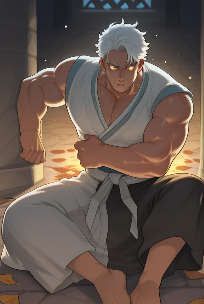 Highest quality、detailed、8K、1 Immortals、tailor、Sewing a red Chinese dress、Ultra-precision work、The hermit uses a workbench、Late Night、1  light bulb、Sweat、Muscular hermit、Long white beard、Long white hair tied back