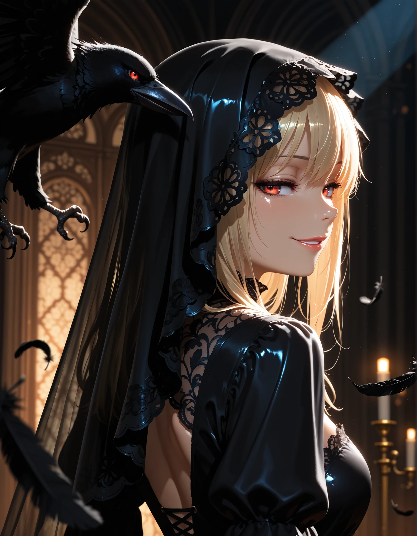 1girl, upper body, (dark theme :1.3) ,dark dress, silhouette ,lace, veil , evil smile , seductive smile, crow, Black feathers, (cinematic lighting, feathers :1.3) , looking back, Caucasian, (shiny outline, depth of field , blurry background , blurry foreground :1.3), (masterpiece, best quality, amazing quality, detailed background, intricate details,intricate,absurdres, extremely aesthetic,newest:1.2)