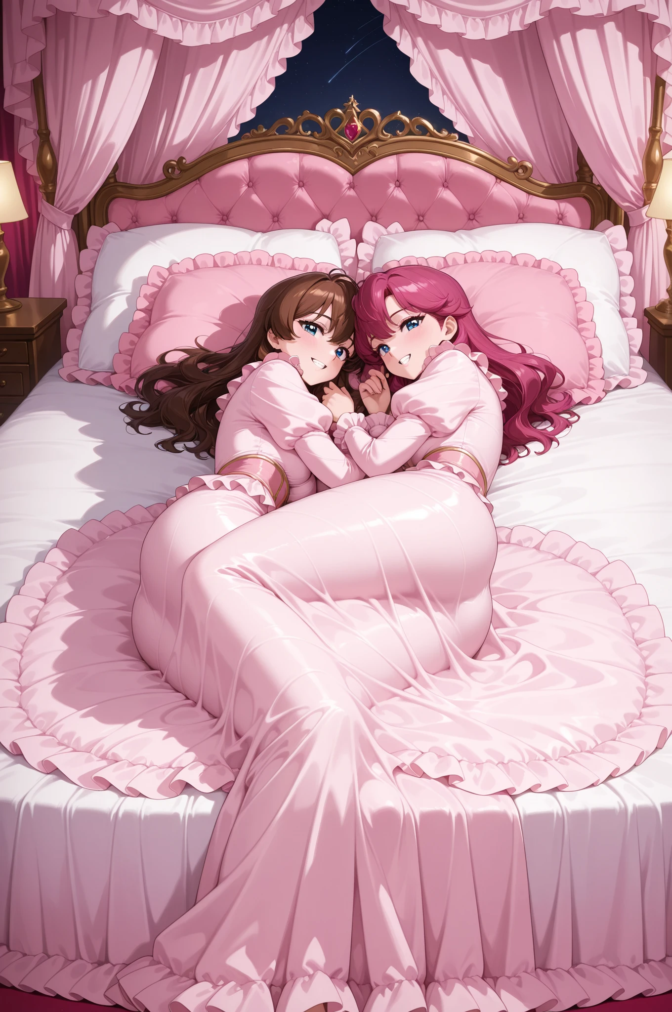 canopy bed,retro anime style,top quality, masterpiece, Highest Resolution, Artwork, super get used to it, many,get used to it, romantic,Luxury,((palace bedroom)),large pink victorian canopy bed,super giant king size bed:1.0,pink silk satin sheets,((Soft Duvet,Round and bulging Soft Duvet,Ruffle Comforter:1.0)),silk satin ruffle pillow,pillows with lots of teeth on the bed,