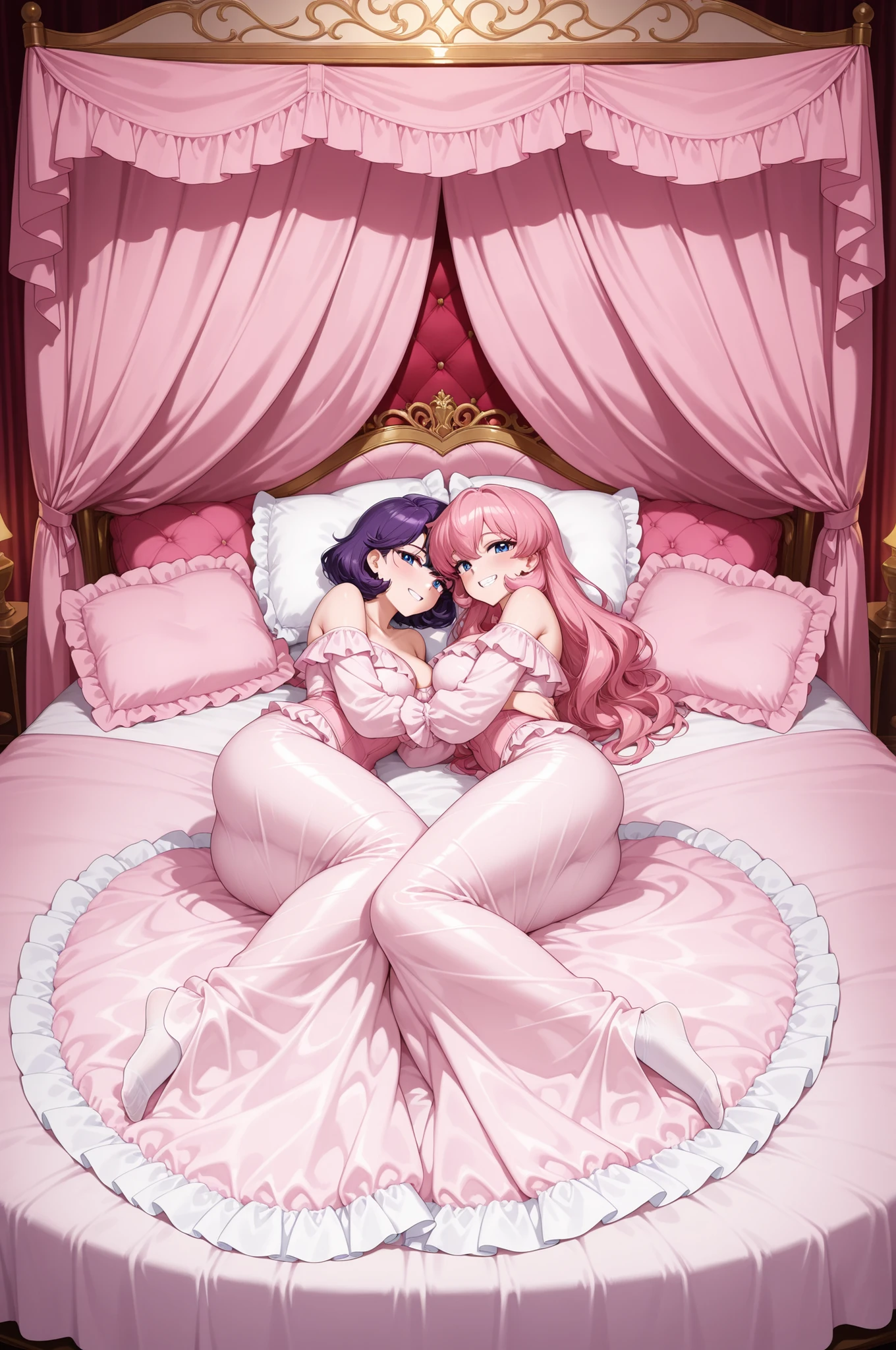 canopy bed,retro anime style,top quality, masterpiece, Highest Resolution, Artwork, super get used to it, many,get used to it, romantic,Luxury,((palace bedroom)),large pink victorian canopy bed,super giant king size bed:1.0,pink silk satin sheets,((Soft Duvet,Round and bulging Soft Duvet,Ruffle Comforter:1.0)),silk satin ruffle pillow,pillows with lots of teeth on the bed,