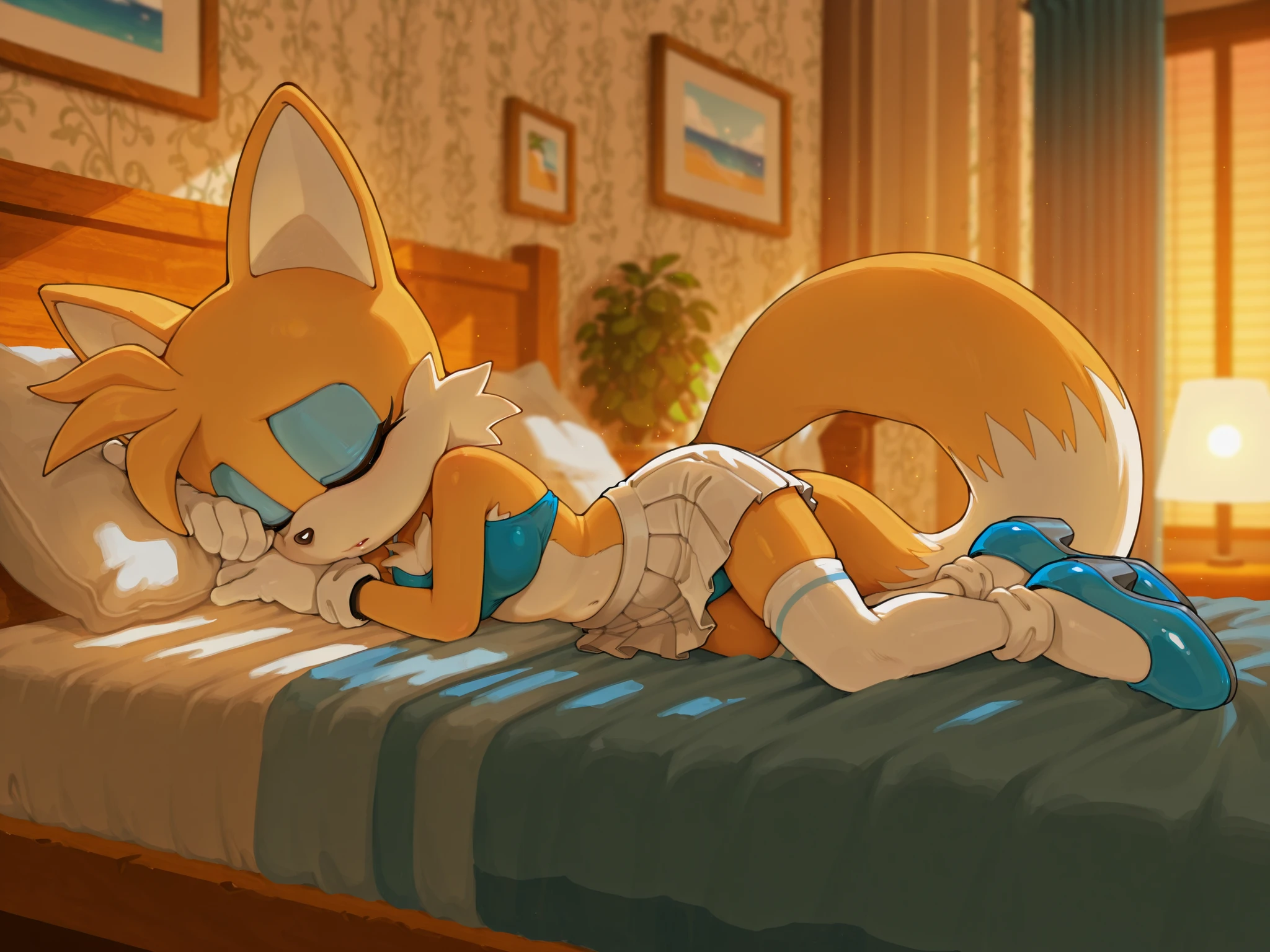 masterpiece, best quality, amazing quality, very aesthetic, high resolution, ultra-detailed, absurdres, newest, scenery, furry, anthro, sonic \(series\), 1girl, solo, furry_female, tails the fox, 2 tails, closed_eyes, blue_bikini, white_skirt, bedroom, blue_eyeshadow, blue_heels, warm lighting, depth of field, detailed fluffy fur, volumetric lighting, full body, white stockings, indoors, pacefully face, (sleeping), laying on bed, unconcious, onmodelblobian