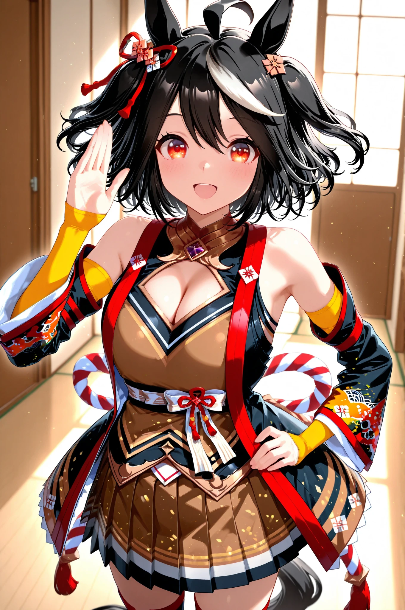 ((masterpiece,Highest quality)), Absurd, Kitasan_black_umamusume,   Animal ears, short hair, Striped Hair, hair ornaments, Medium chest, Horse tail, Cleavage, Clothing cutouts, Removable sleeves, shimenawa, skirt, blackのニーソックス,  alone, smile, View your viewers, Cowboy Shot,