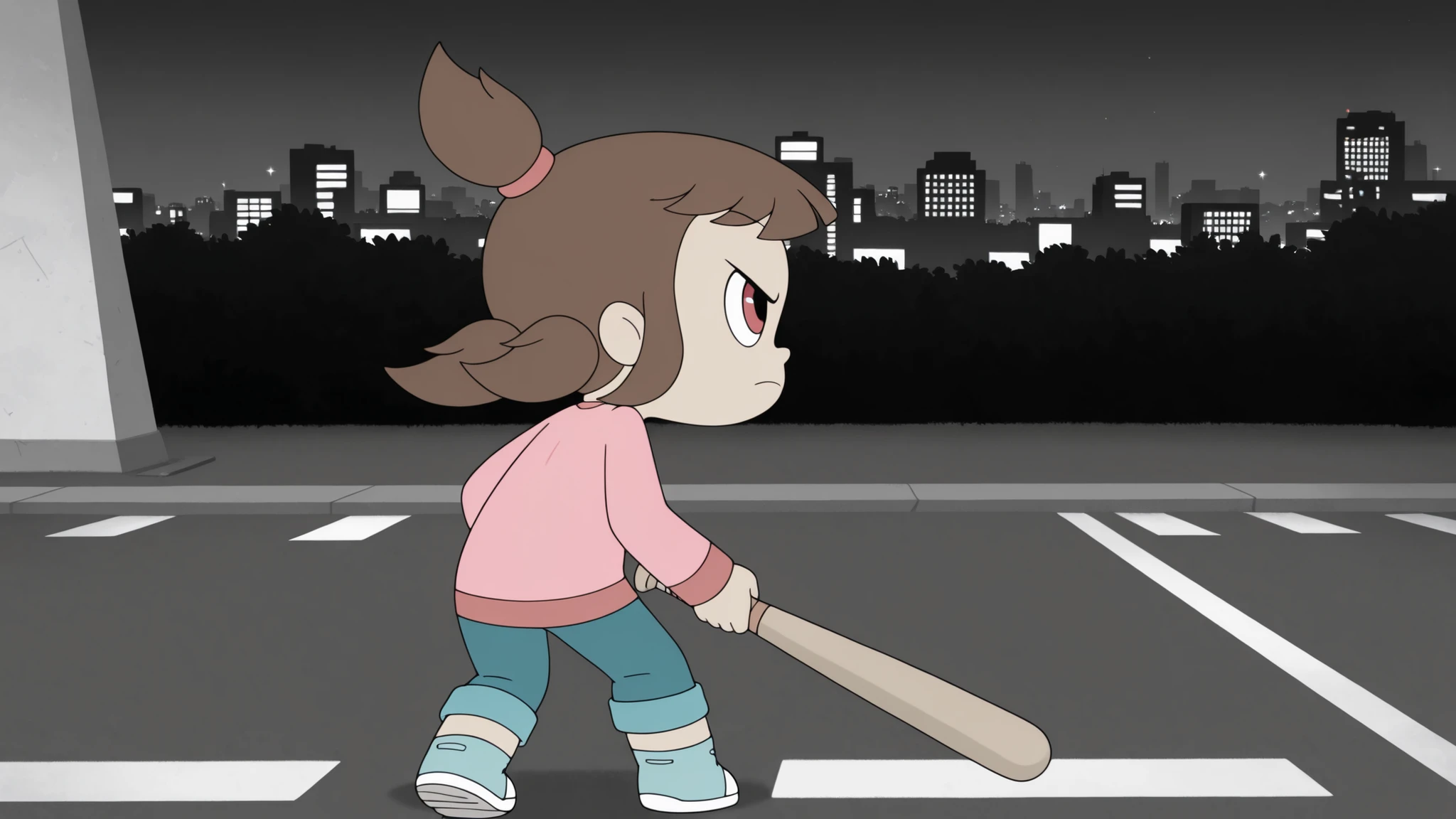 a_ey, 1girl, black eyes, brown hair, bangs, ponytails, high ponytail, elastic band,longsleeve, pants, sneakers, looking at viewer, very serious, baseball bat, very serious, close mount, red Eyes, full body, rear view, spotlight, (z0nkn3w:1), standing in road, night, looking at viewer, leaving, cityscape, grayscale, monochrome,