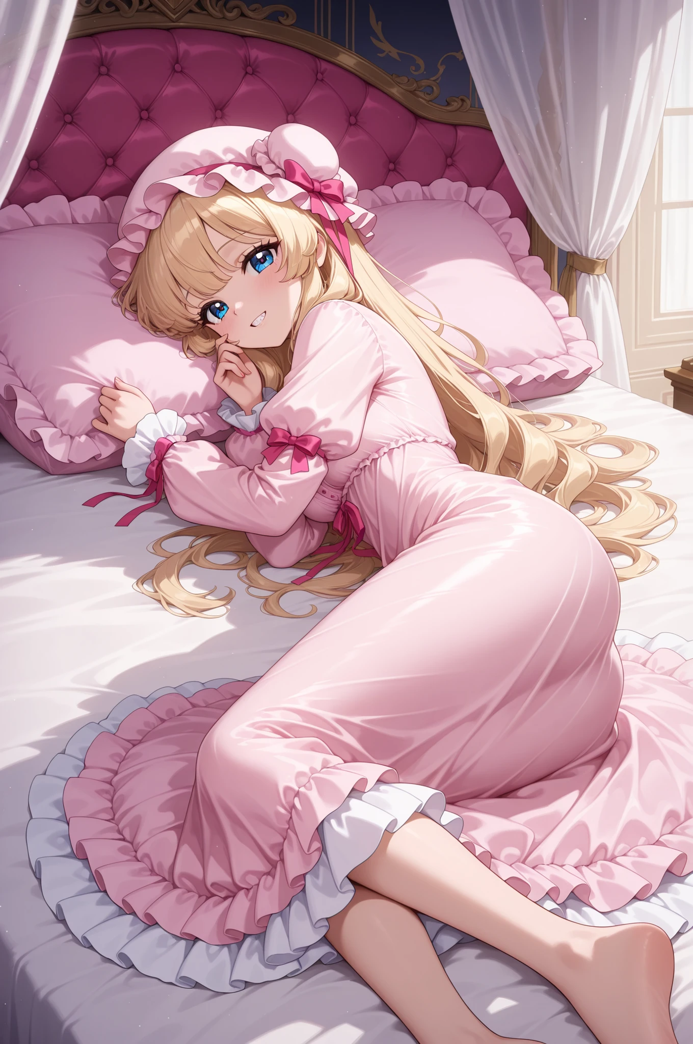 canopy bed,retro anime style,top quality, masterpiece, Highest Resolution, Artwork, super get used to it, many,get used to it, romantic,Luxury,((palace bedroom)),large pink victorian canopy bed,super giant king size bed:1.0,pink silk satin sheets,((Soft Duvet,Round and bulging Soft Duvet,Ruffle Comforter:1.0)),silk satin ruffle pillow,pillows with lots of teeth on the bed, pastel silk satin nightgown with lots of ruffles and bows,1920s Style Victorian Nightgown:1.2))),((Ruffle Mob Cap with ribbon)),((Exquisite York Color with Ruffles and Ribbons,detail ruffle placket:1.0)),((long sleeve,puff sleeve with ribbon, ruffle sleeve )),