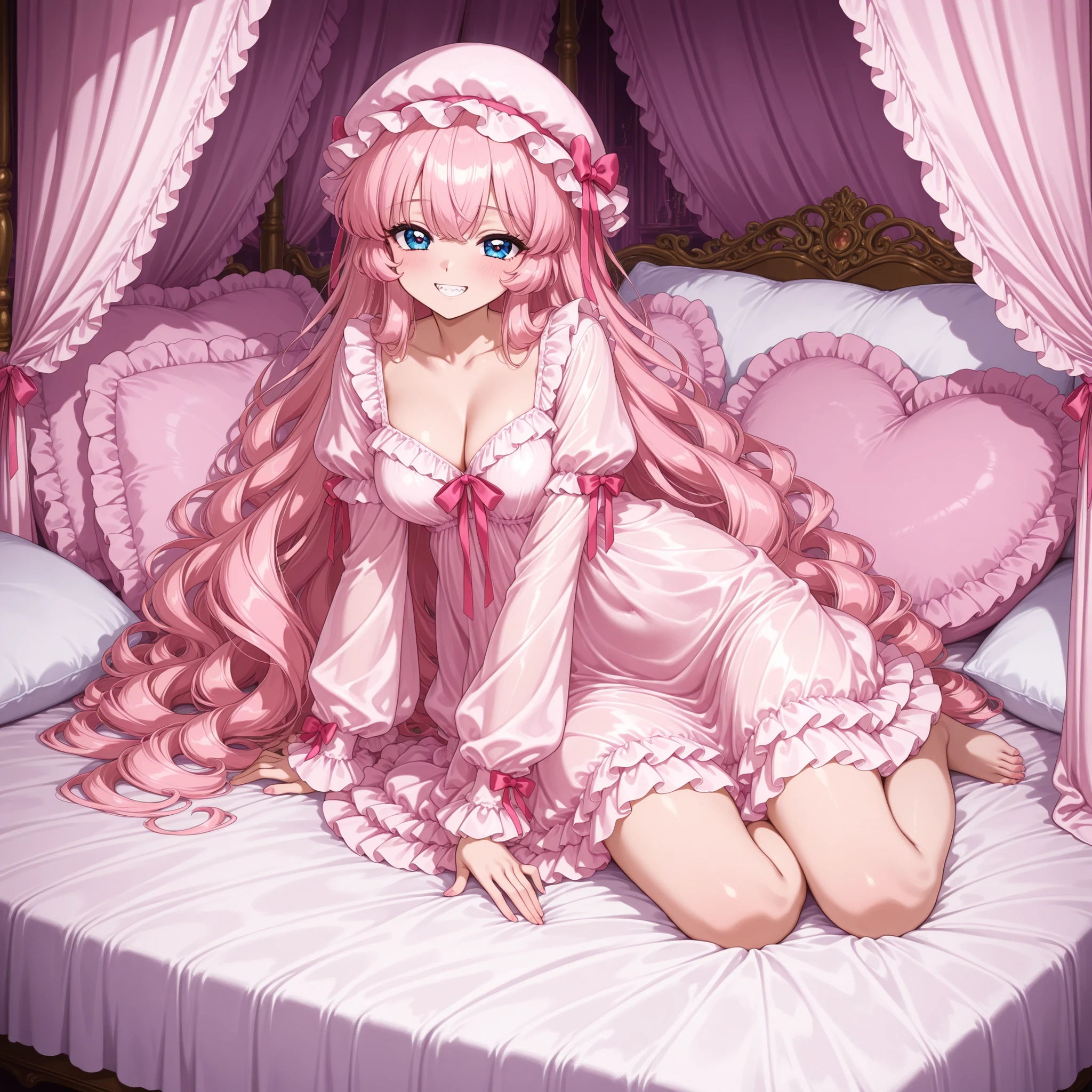 canopy bed,retro anime style,top quality, masterpiece, Highest Resolution, Artwork, super get used to it, many,get used to it, romantic,Luxury,((palace bedroom)),large pink victorian canopy bed,super giant king size bed:1.0,pink silk satin sheets,((Soft Duvet,Round and bulging Soft Duvet,Ruffle Comforter:1.0)),silk satin ruffle pillow,pillows with lots of teeth on the bed, pastel silk satin nightgown with lots of ruffles and bows,1920s Style Victorian Nightgown:1.2))),((Ruffle Mob Cap with ribbon)),((Exquisite York Color with Ruffles and Ribbons,detail ruffle placket:1.0)),((long sleeve,puff sleeve with ribbon, ruffle sleeve )),