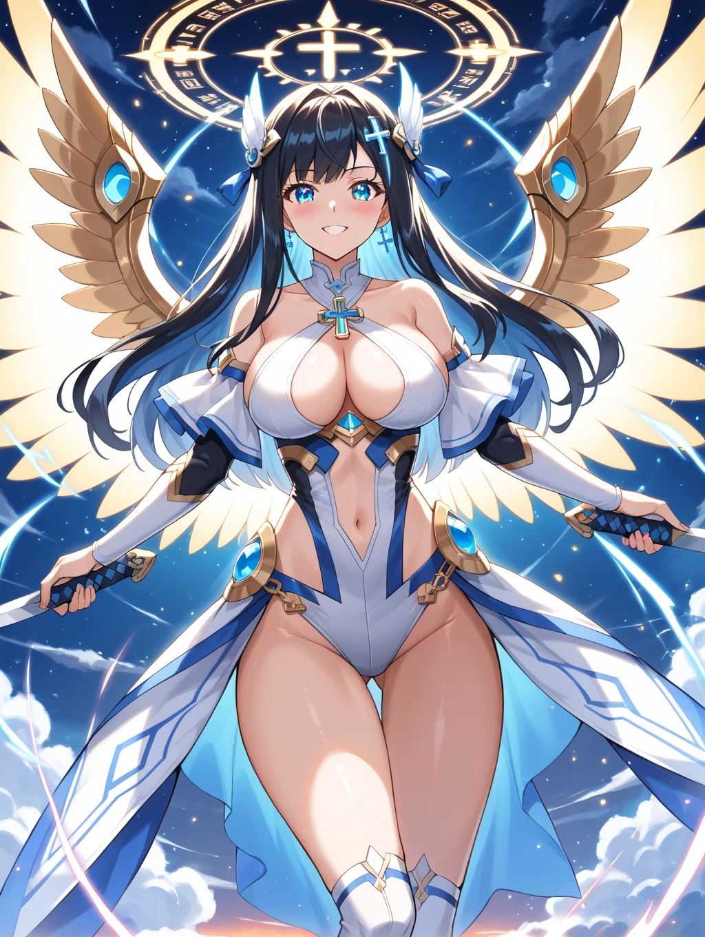 4k,hight resolution,One Woman,harpy,lightblue hair,Long ponytail,huge tit,large white wings,Orange claws,A queen,The Queen's Tiara,Underwear,Black high-leg pants,Black bra,jewel decorations
