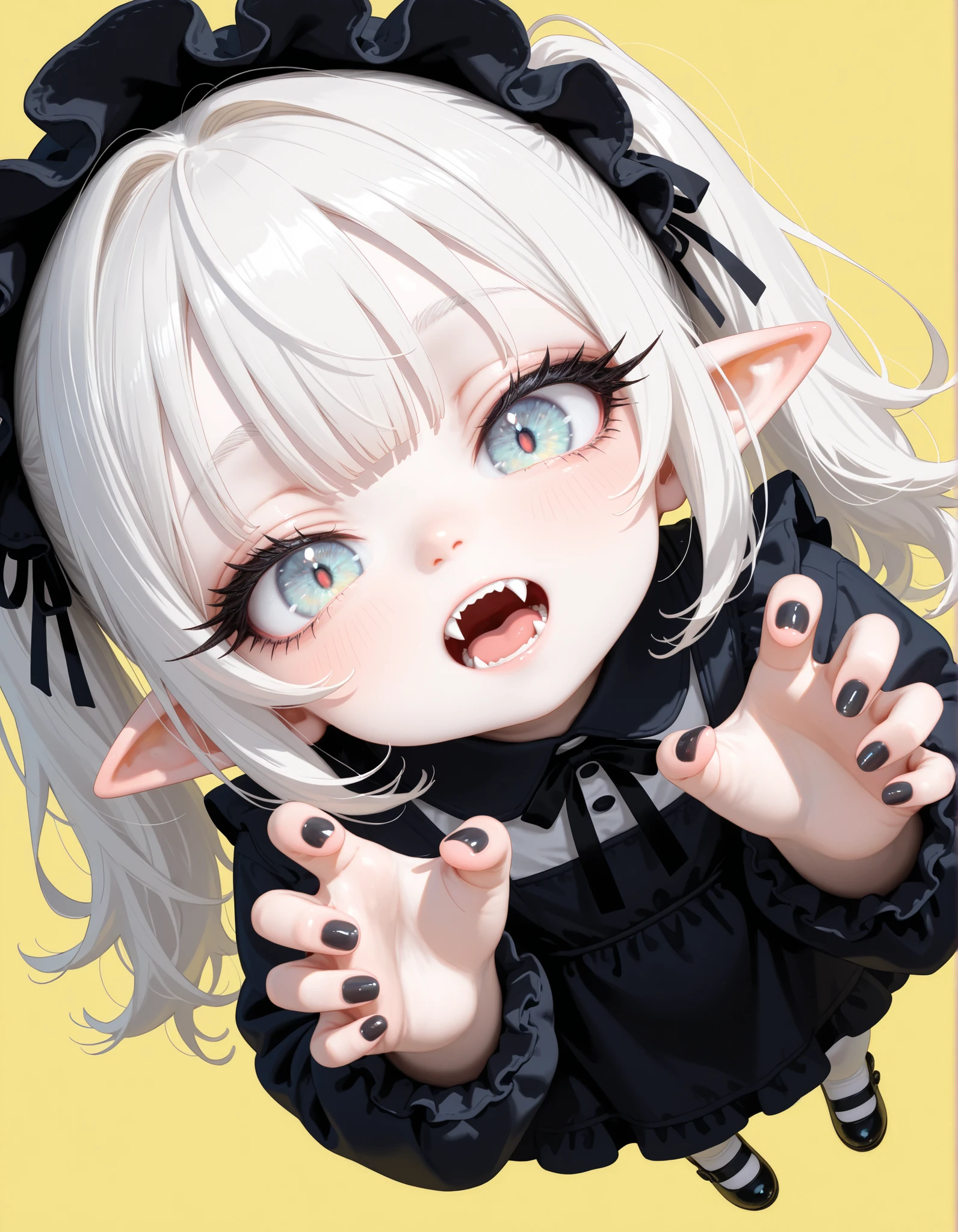 safe, masterpiece, best quality, good quality, very aesthetic, absurdres, newest, 1girl, solo, toddler, white hair, pointy ears, detailed eyes, fangs, pale skin, black dress, perspective, dynamic angle,long eyelashes, thick eyelashes, black nails, large eyes, detailed eyes, simple background, bangs, looking at viewer, long hair,