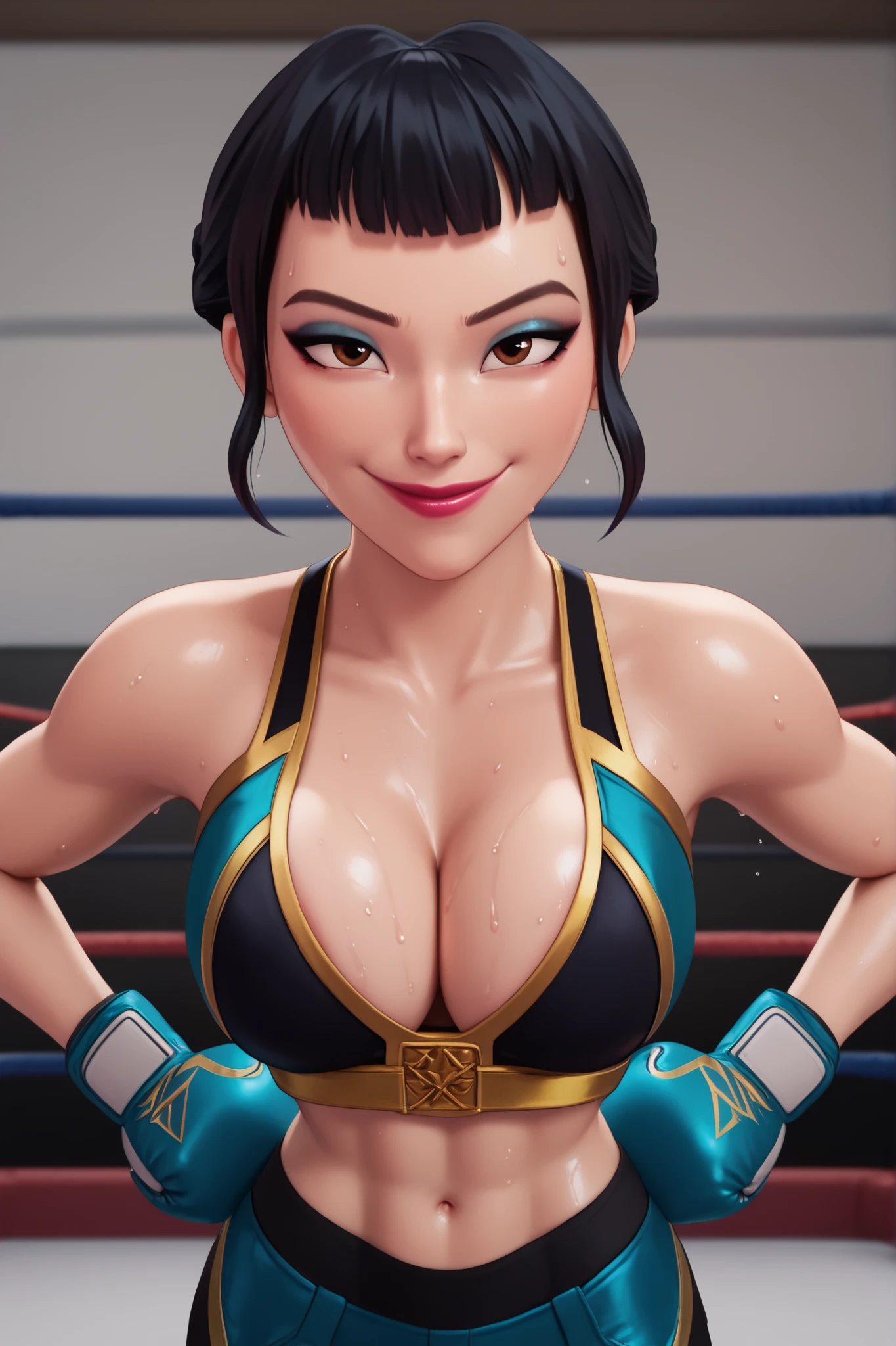 BREAK, score_6_up, score_7_up, score_8_up, score_9, 1girl, solo, kpdh_z0ey, black hair, short hair, hair bun, brown eyes, blunt bangs, lipstick, makeup, official KPop Demon Hunters aesthetic, , busty, cleavage, curvy, athletic, looking at viewer, seducing viewer, teasing viewer, feisty expression, smiling, closed mouth, bedroom eyes, black sports bra with gold trim, white boxing shorts with gold trim, white boxing gloves, midriff, indoors, boxing ring, standing, hands on waist, closeup, portrait, upper body, high-angle view, blue eyeshadow, black mascara, sweaty, sweat drops, wet skin, shiny skin