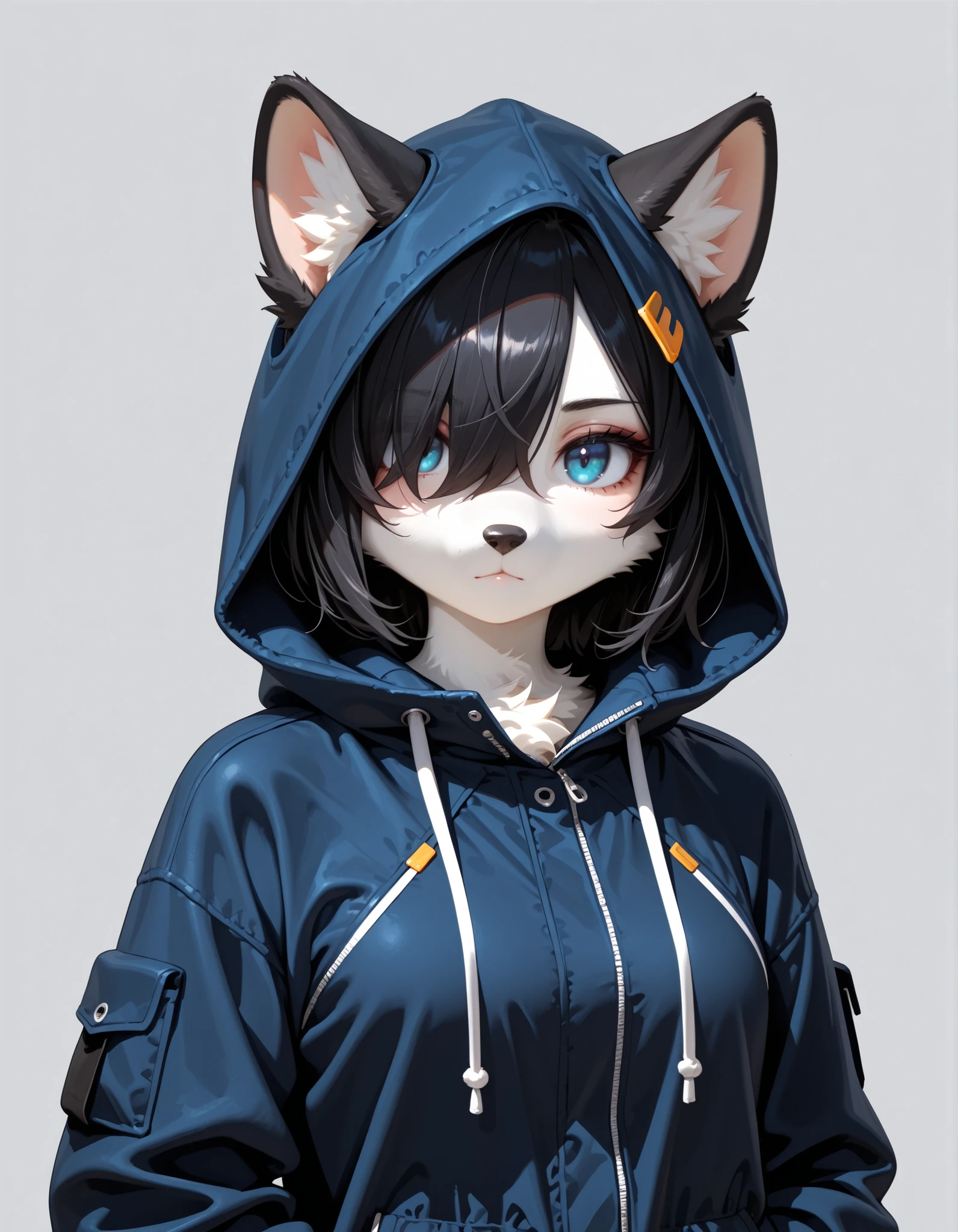 masterpiece, best quality, very aesthetic, 1girl,, solo, hyper detailed, best quality, (furry:1.3), blue eyes, 1girl, looking at viewer, hood, closed mouth, short hair, grey background, black hair, hair over one eye, jacket,