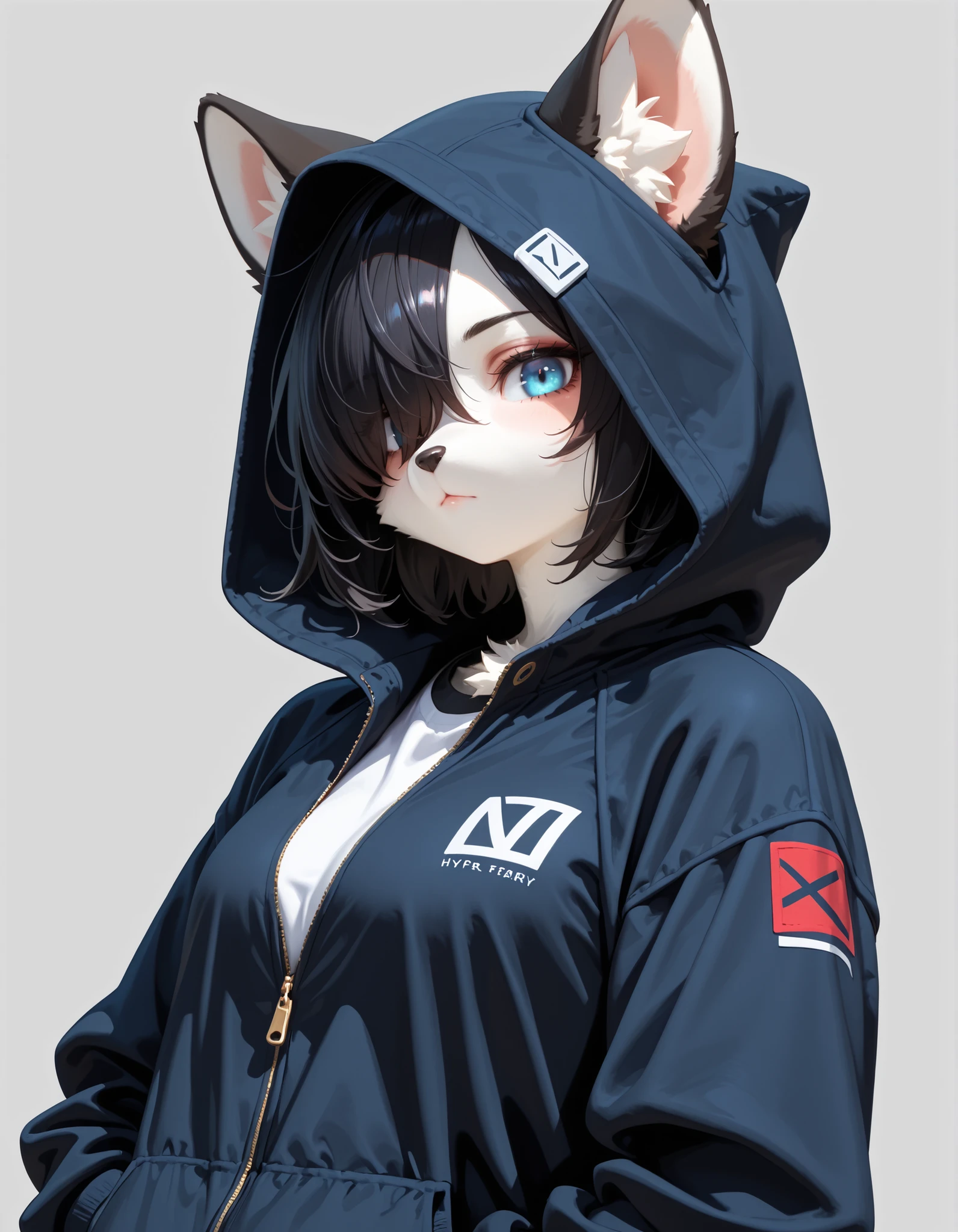 masterpiece, best quality, very aesthetic, 1girl,, solo, hyper detailed, best quality, (furry:1.3), blue eyes, 1girl, looking at viewer, hood, closed mouth, short hair, grey background, black hair, hair over one eye, jacket,