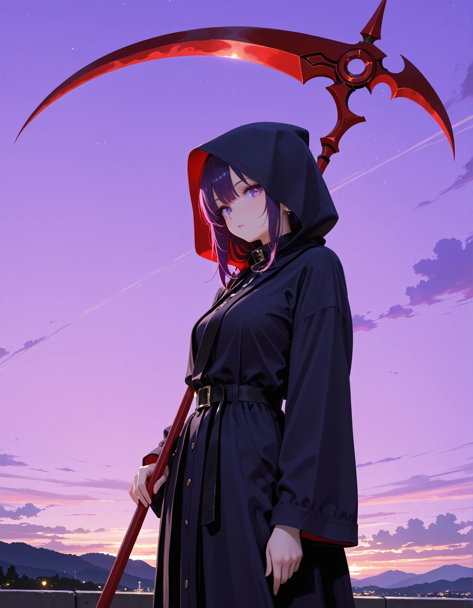 masterpiece, best quality, very aesthetic, 1girl,, solo, red scythe, purple sky