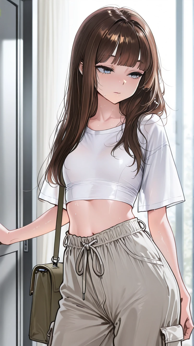 1girl, , , tight shirt, big chest, reaching at the top of a cupboard, shiny skin